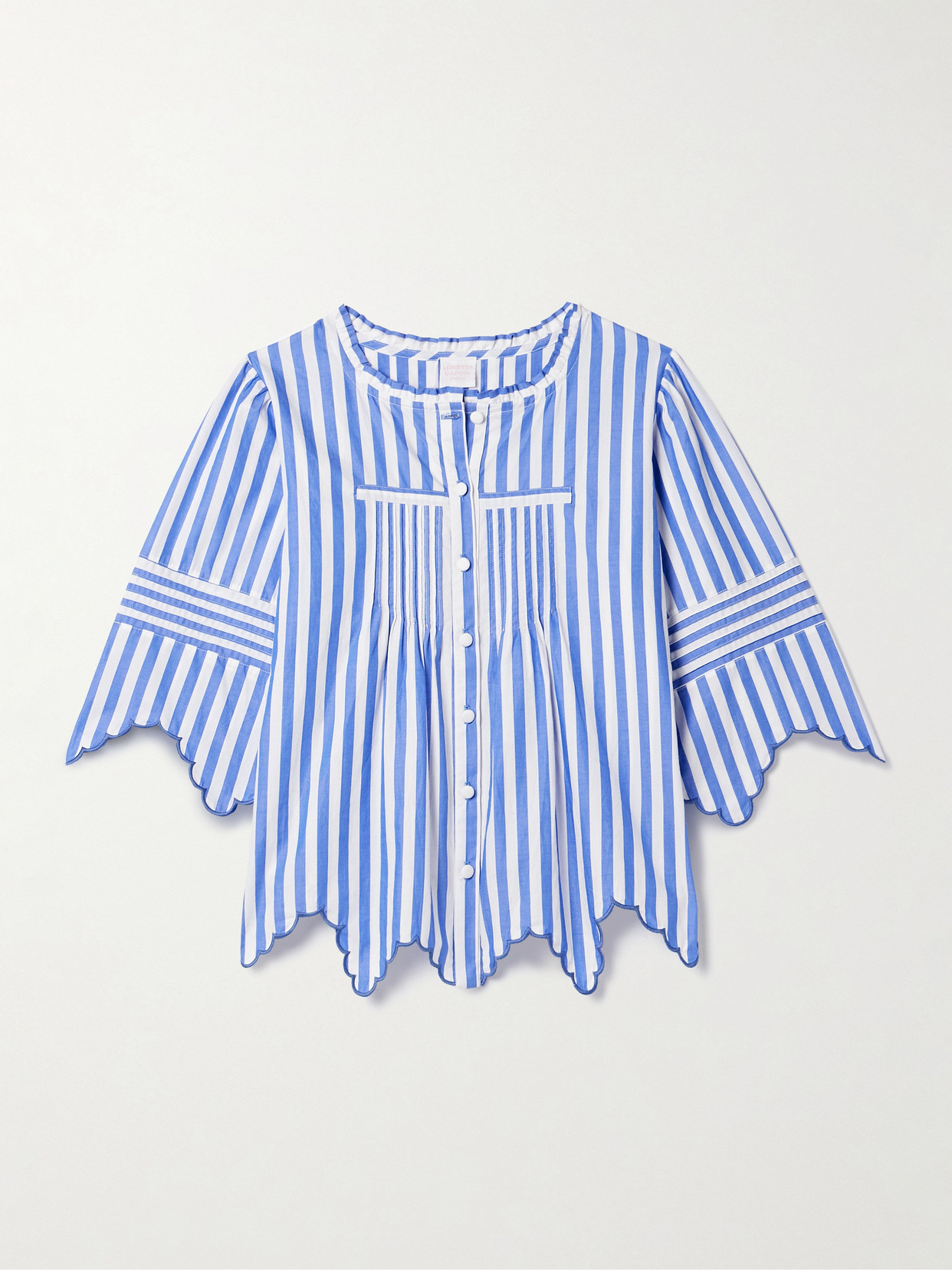 Loretta Caponi Matilde Embroidered Scalloped Striped Cotton Shirt In Blue