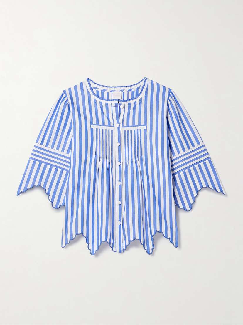 Loretta Caponi Matilde Embroidered Scalloped Striped Cotton Shirt