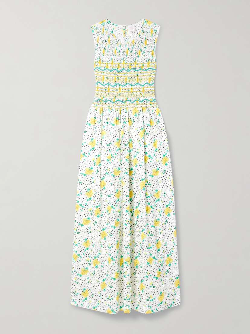 Loretta Caponi Gioia Smocked Printed Cotton-voile Midi Dress