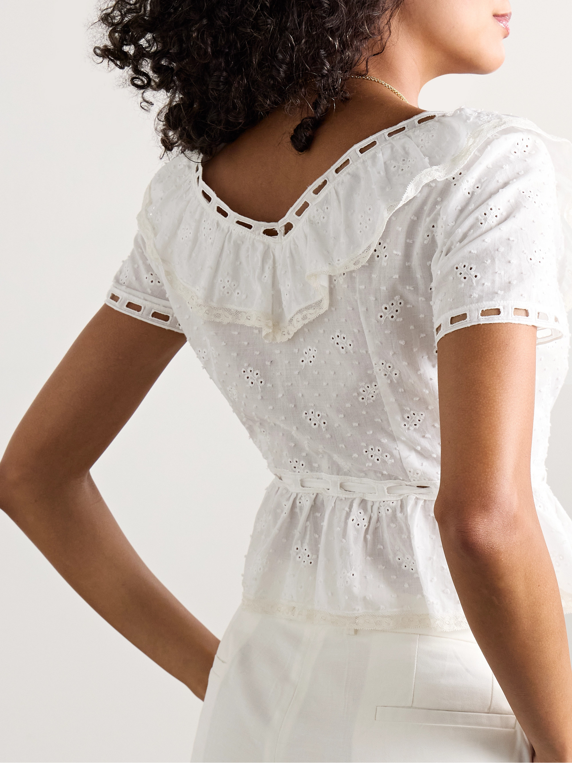 Loretta Caponi Giannella lace-trimmed broderie anglaise cotton-voile blouse