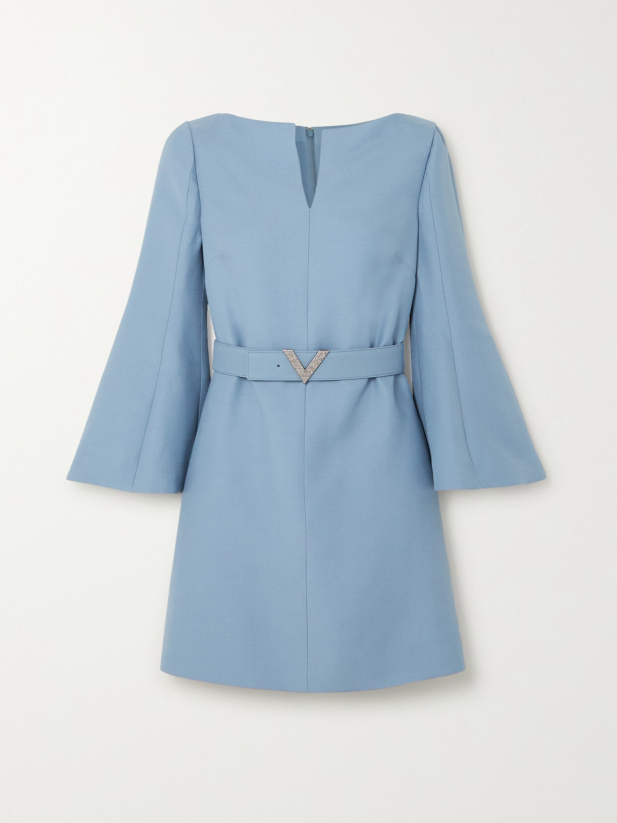 Valentino Crystal-embellished Belted Wool And Silk-blend Crepe Mini Dress In Blue