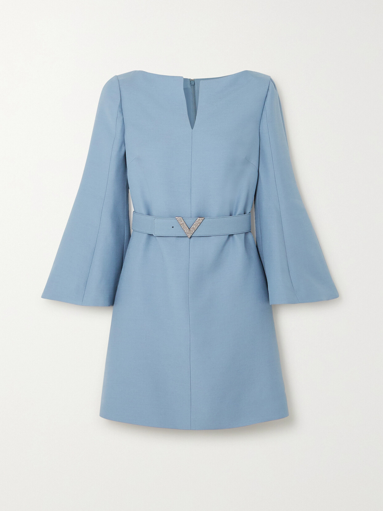 Shop Valentino Crystal-embellished Belted Wool And Silk-blend Crepe Mini Dress In Blue