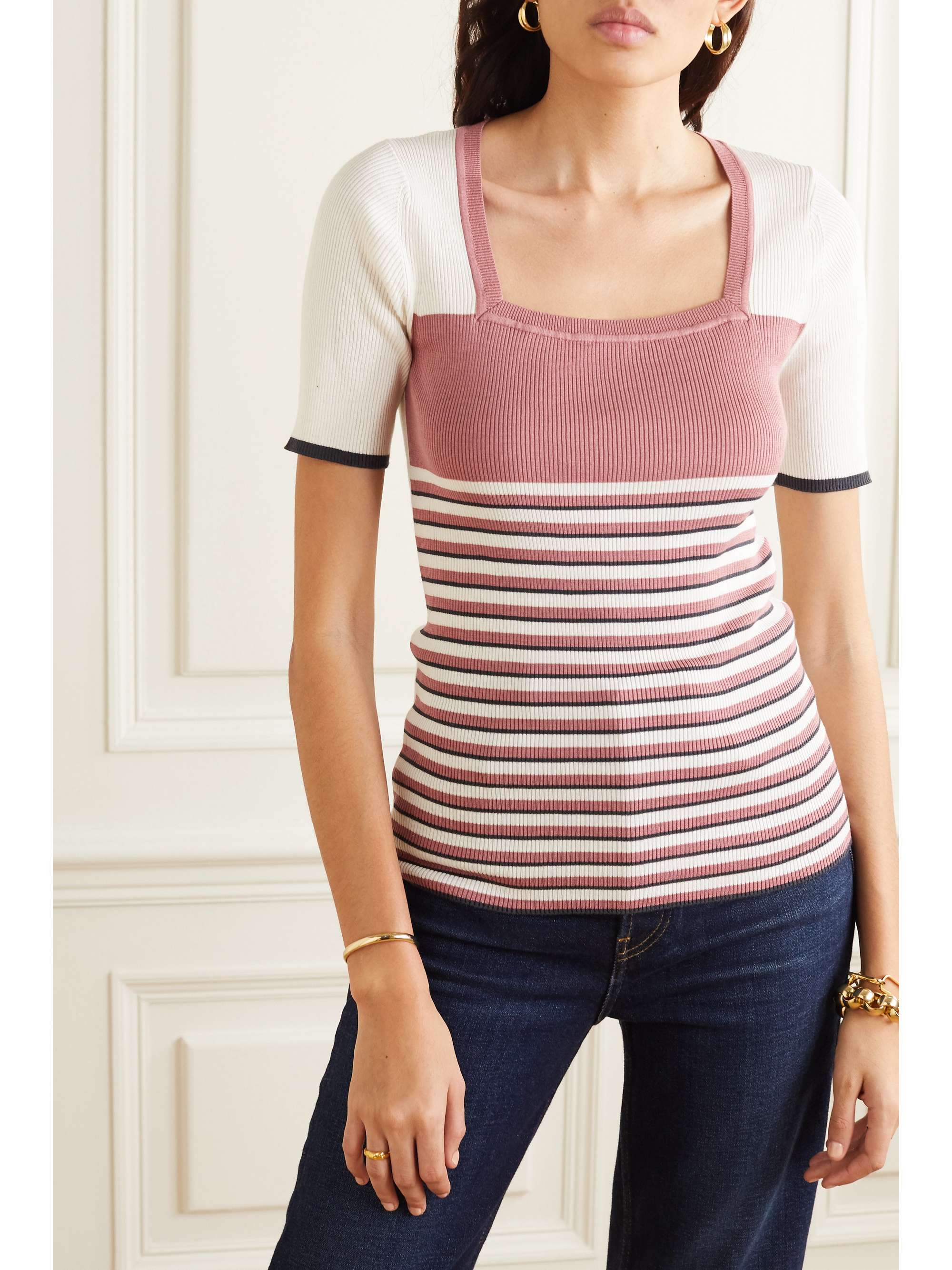 ALEXACHUNG Striped ribbed silk and cotton-blend top