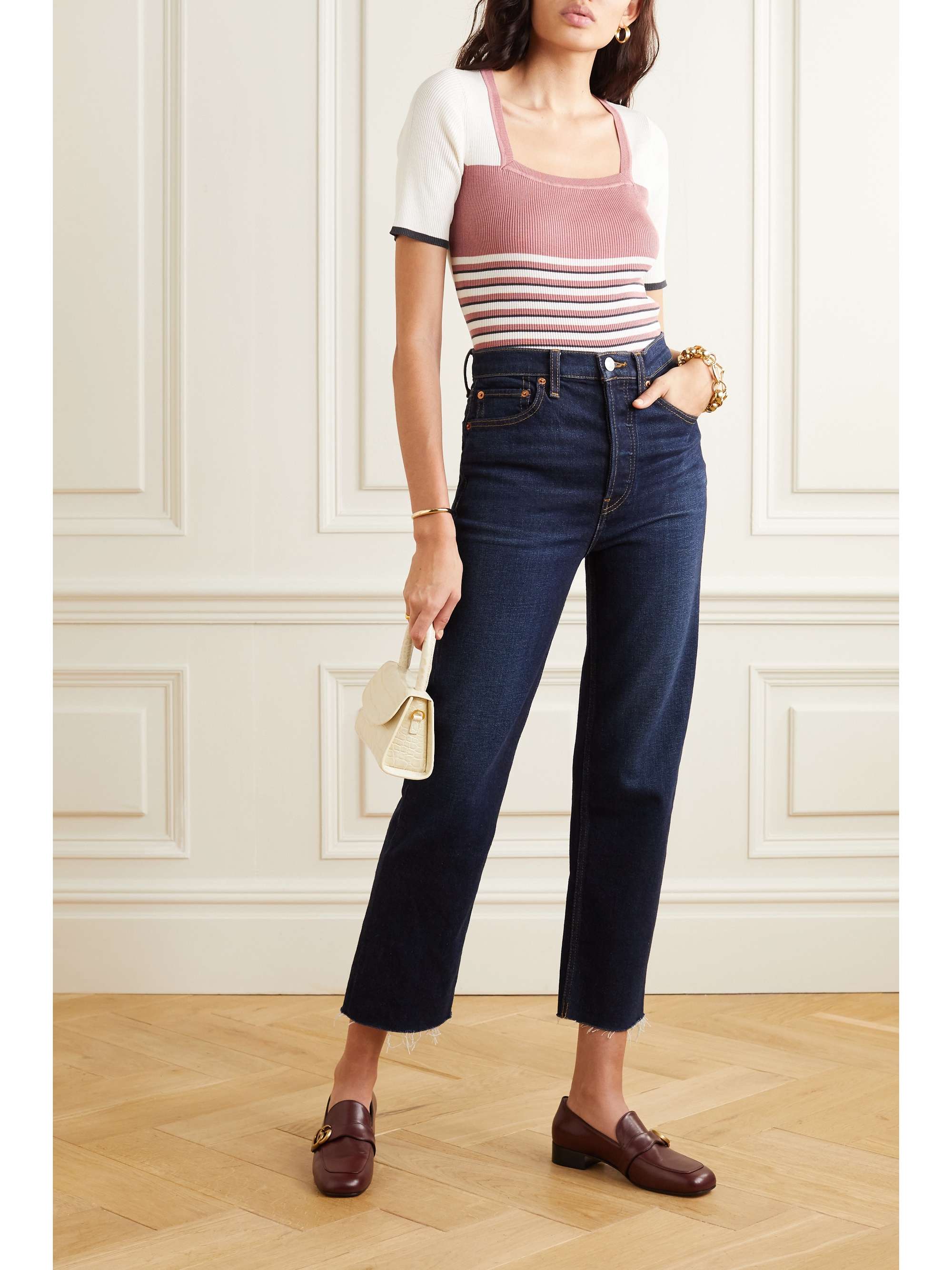 ALEXACHUNG Striped ribbed silk and cotton-blend top