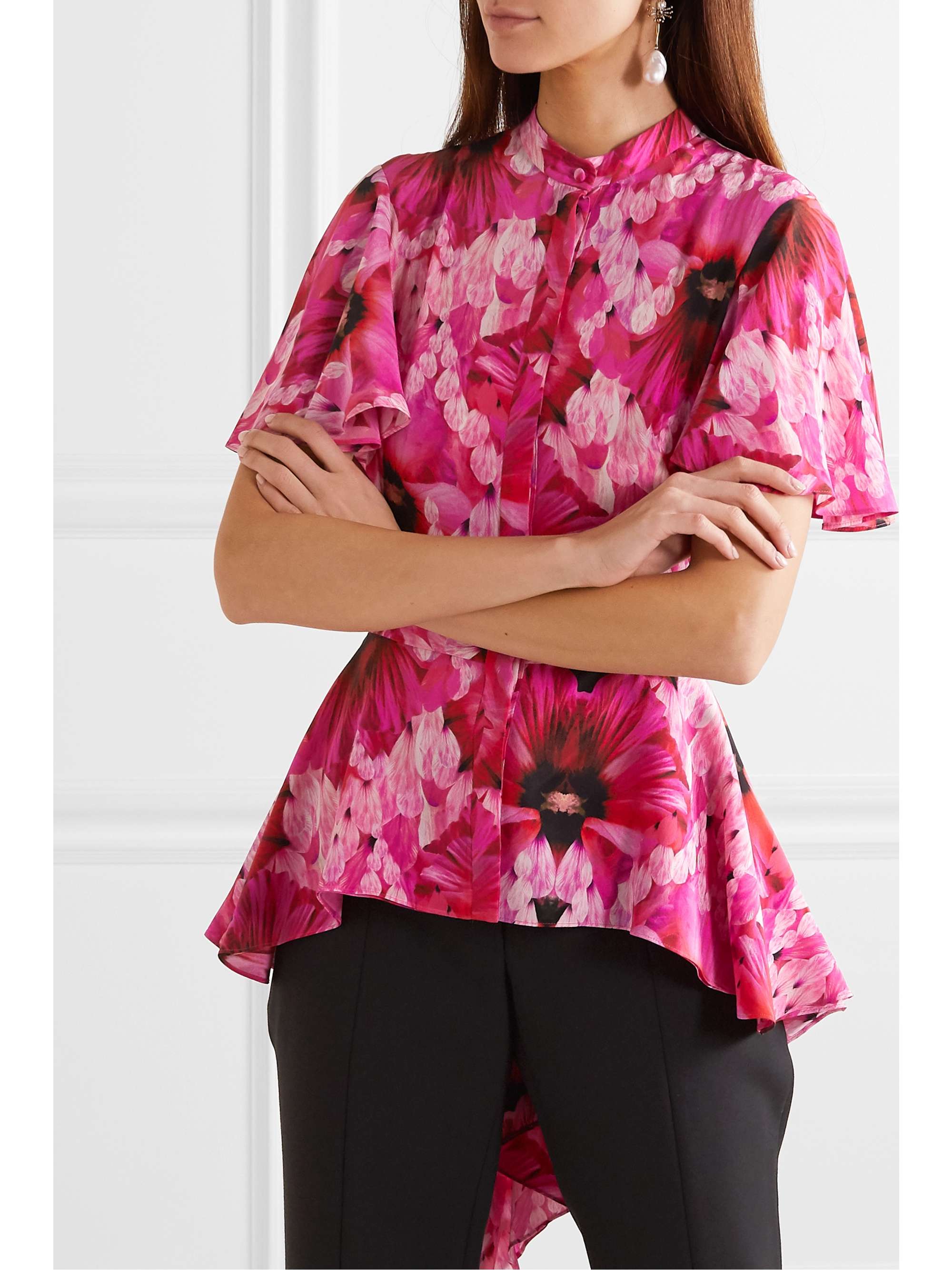 MCQUEEN Floral-print silk crepe de chine peplum blouse