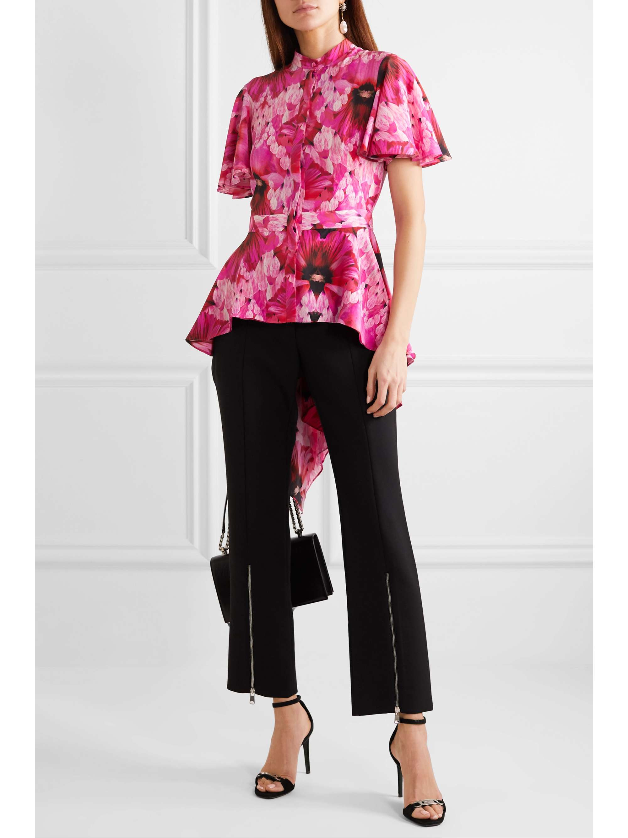 MCQUEEN Floral-print silk crepe de chine peplum blouse