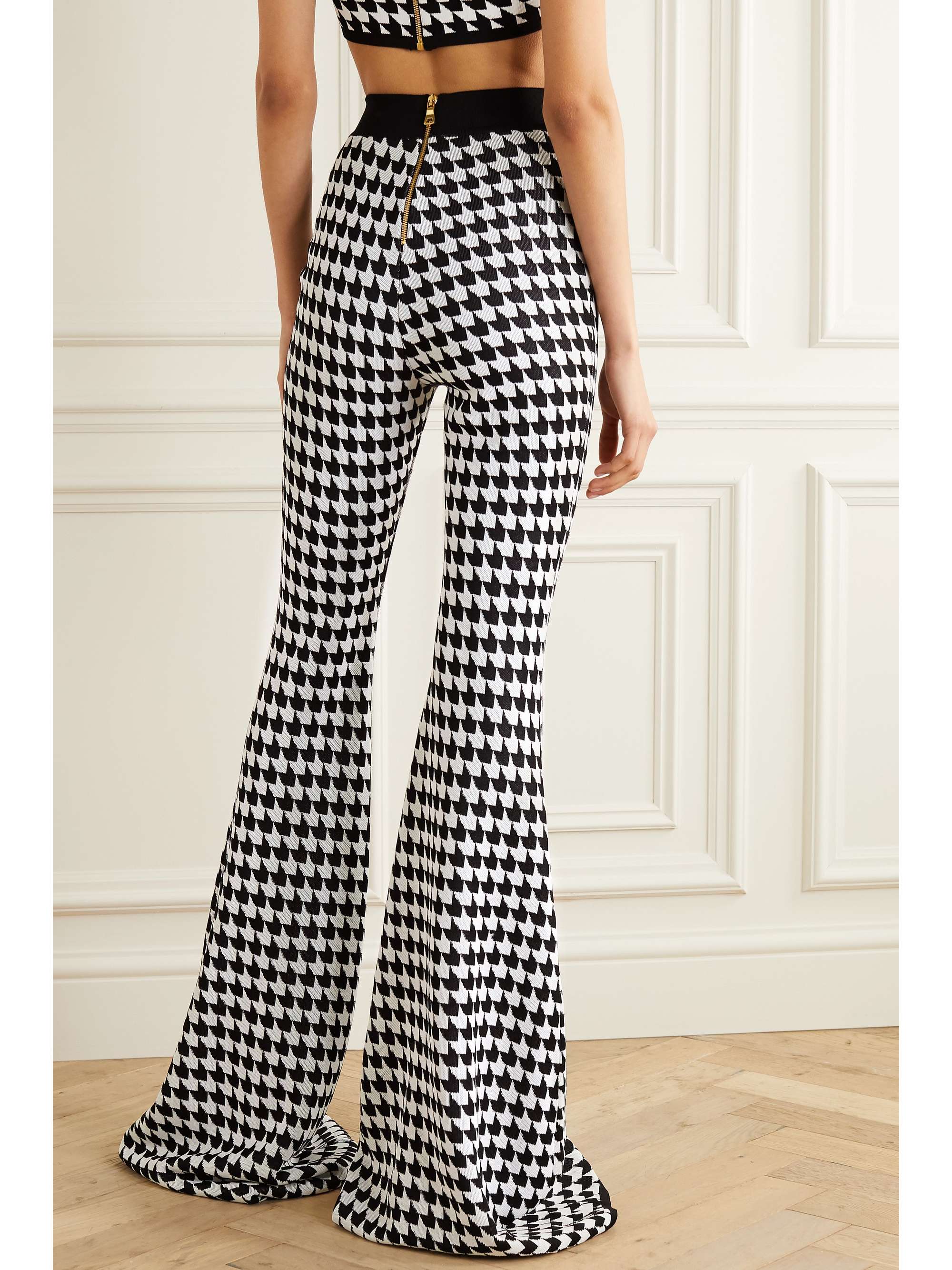 Black Houndstooth stretch-knit flared 