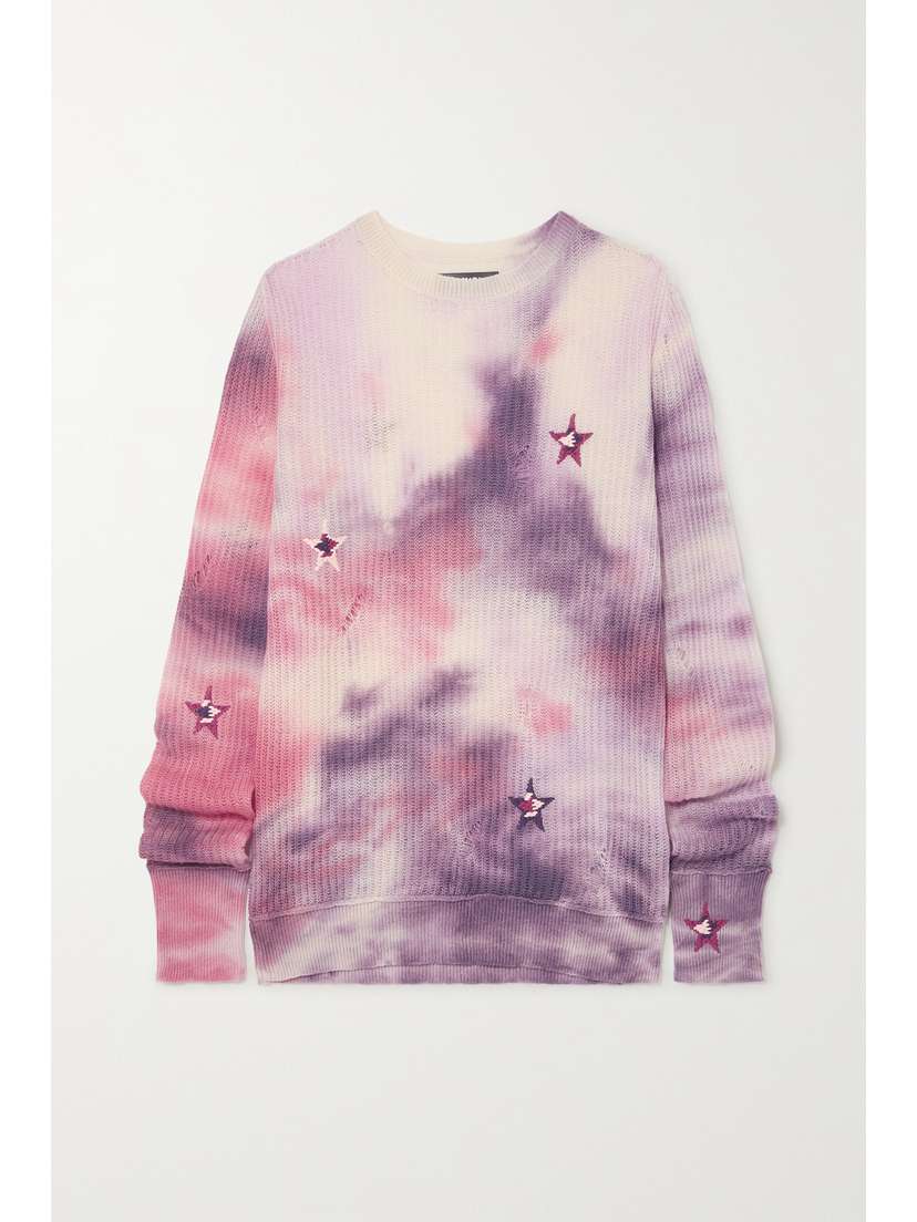 AMIRI Distressed Embroidered Tie-dyed Cashmere Sweater
