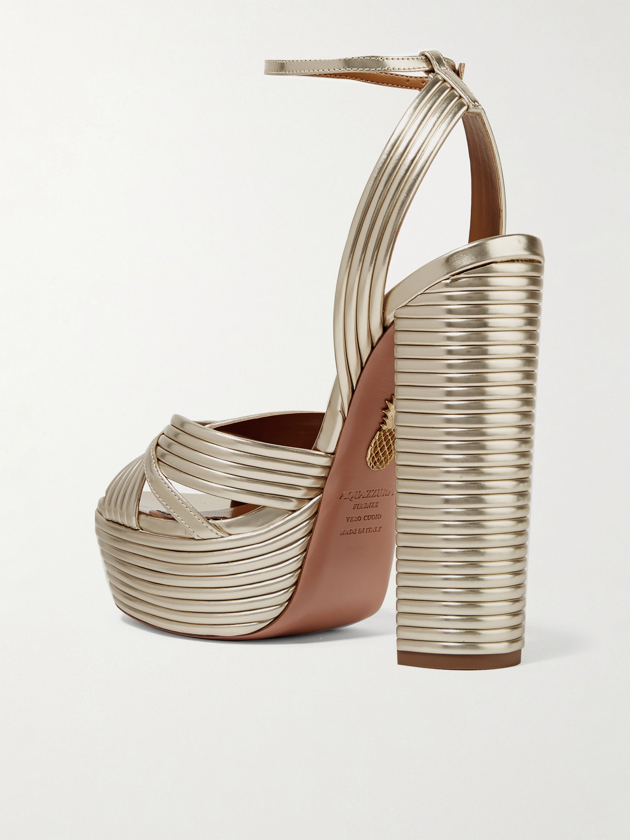 Aquazzura Sundance 140 Metallic Leather Platform Sandals In Gold