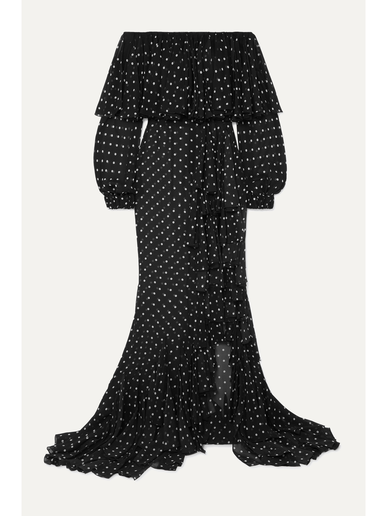 BALMAIN OFF-THE-SHOULDER RUFFLED POLKA-DOT SILK-CHIFFON MAXI DRESS