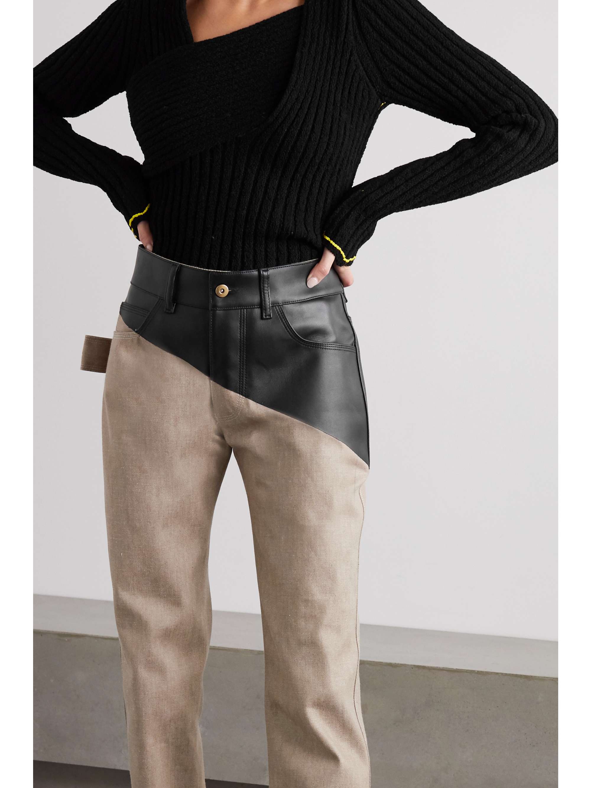 Beige Leather-paneled high-rise straight-leg jeans | BOTTEGA VENETA |  NET-A-PORTER