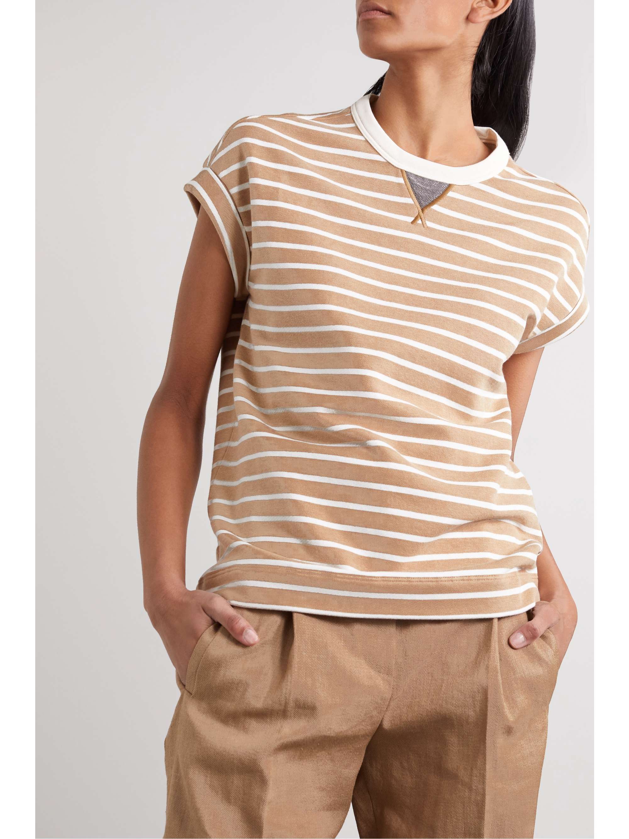 BRUNELLO CUCINELLI Bead-embellished striped cotton-jersey T-shirt