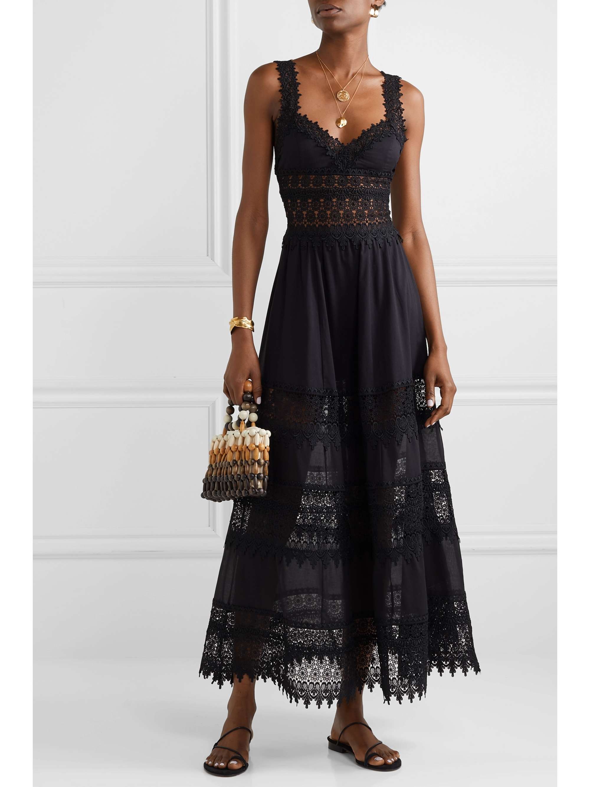 Black Sophia crocheted lace-paneled cotton-blend voile maxi dress | CHARO  RUIZ | NET-A-PORTER