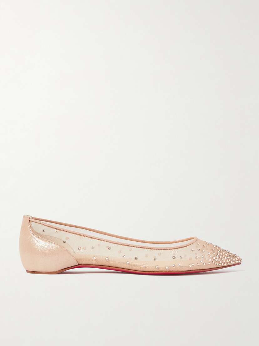 Christian Louboutin Follies Swarovski Crystal-embellished Mesh And Lamé Point-toe Flats