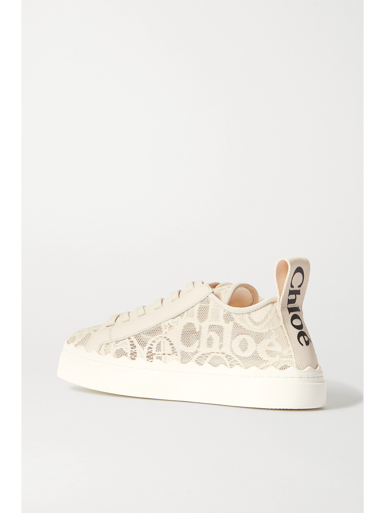 Shop Chloé Lauren Scalloped Lace, Leather And Canvas Sneakers In Off-white