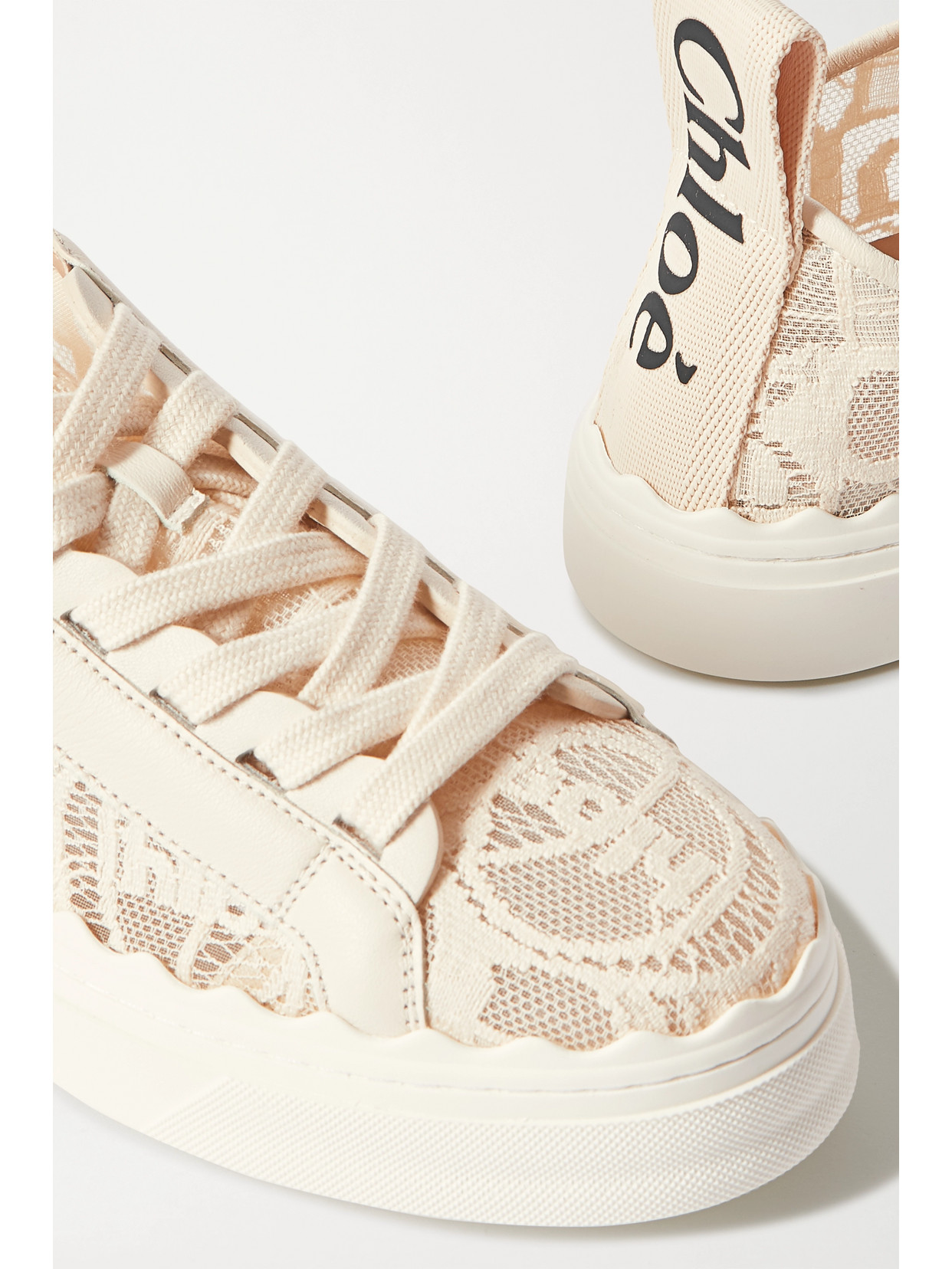 Shop Chloé Lauren Scalloped Lace, Leather And Canvas Sneakers In Off-white