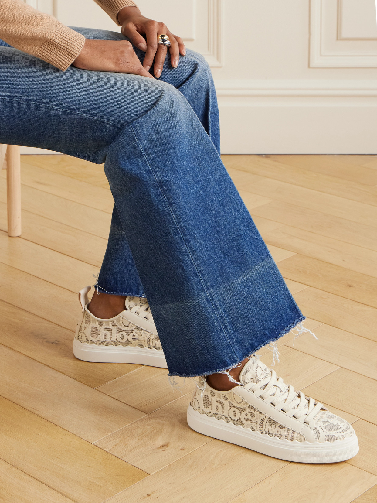 Chloé Lauren Scalloped Leather-trimmed Lace High-top Sneakers In Off-white