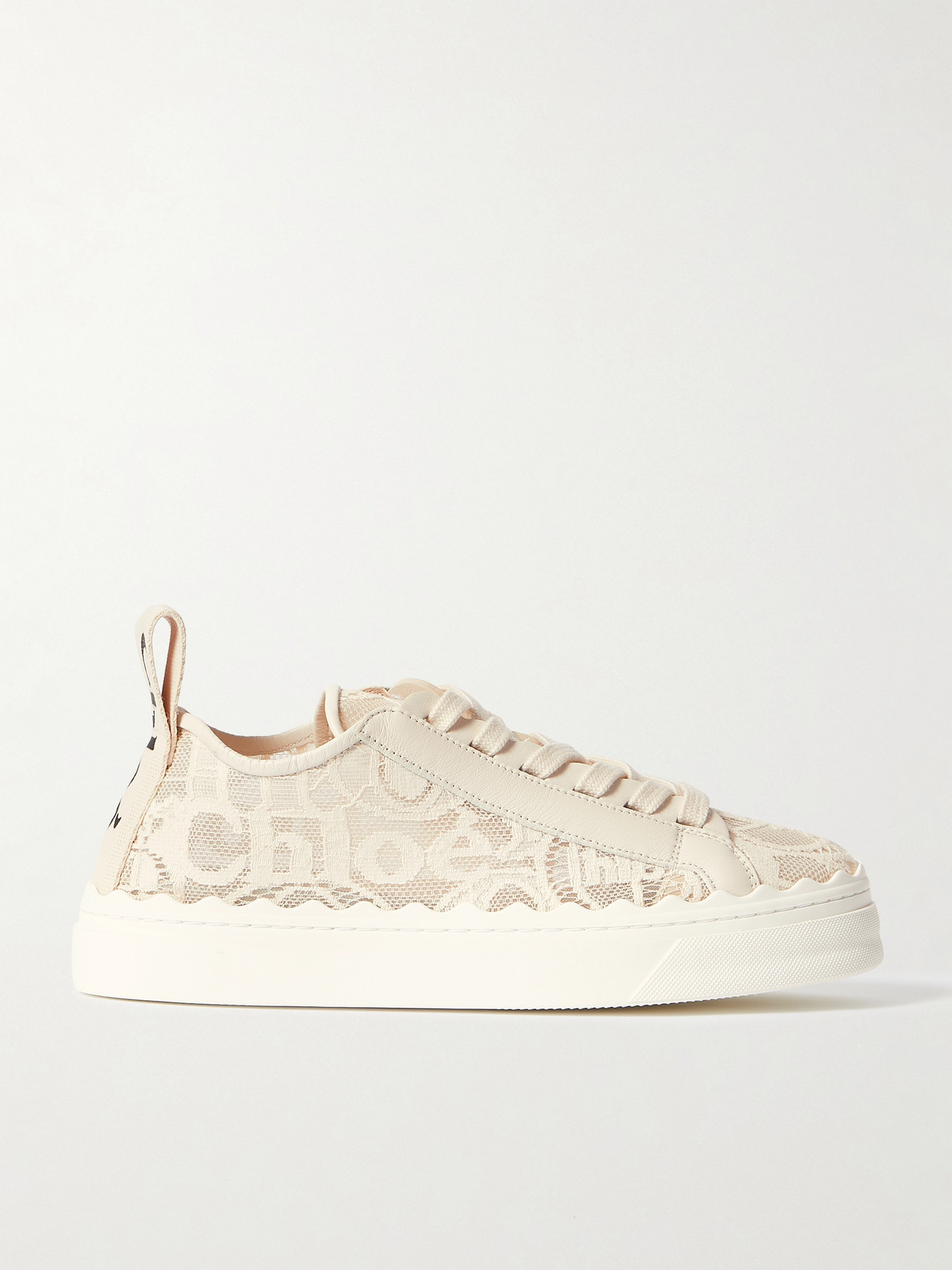 Shop Chloé Lauren Scalloped Lace, Leather And Canvas Sneakers In Off-white