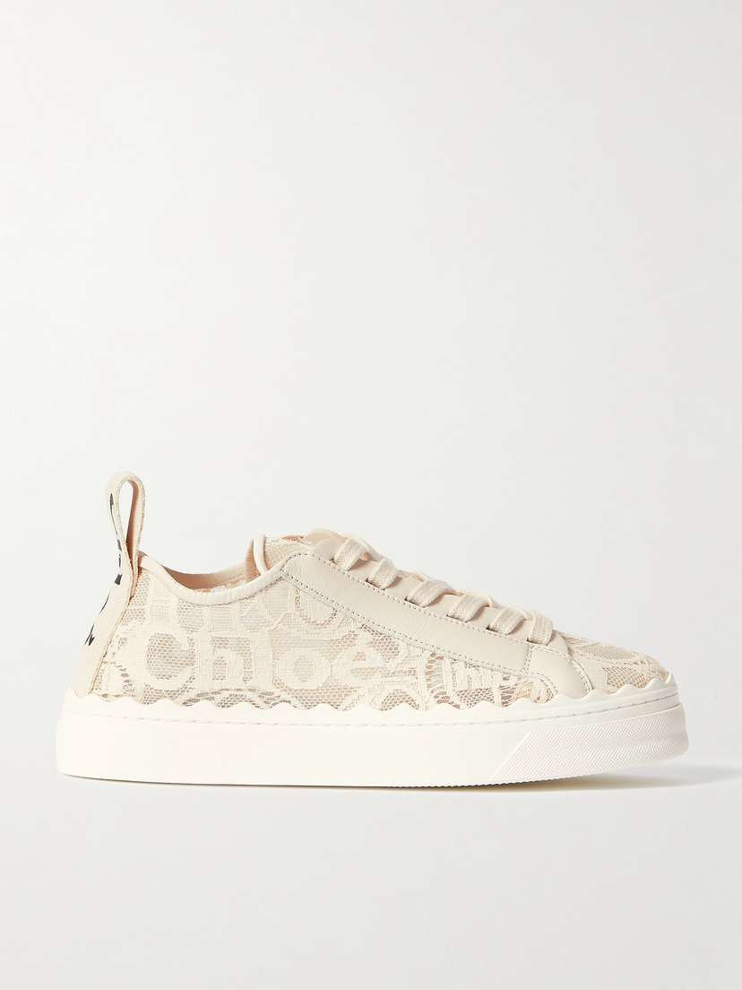 Chloé Lauren Scalloped Lace, Leather And Canvas Sneakers