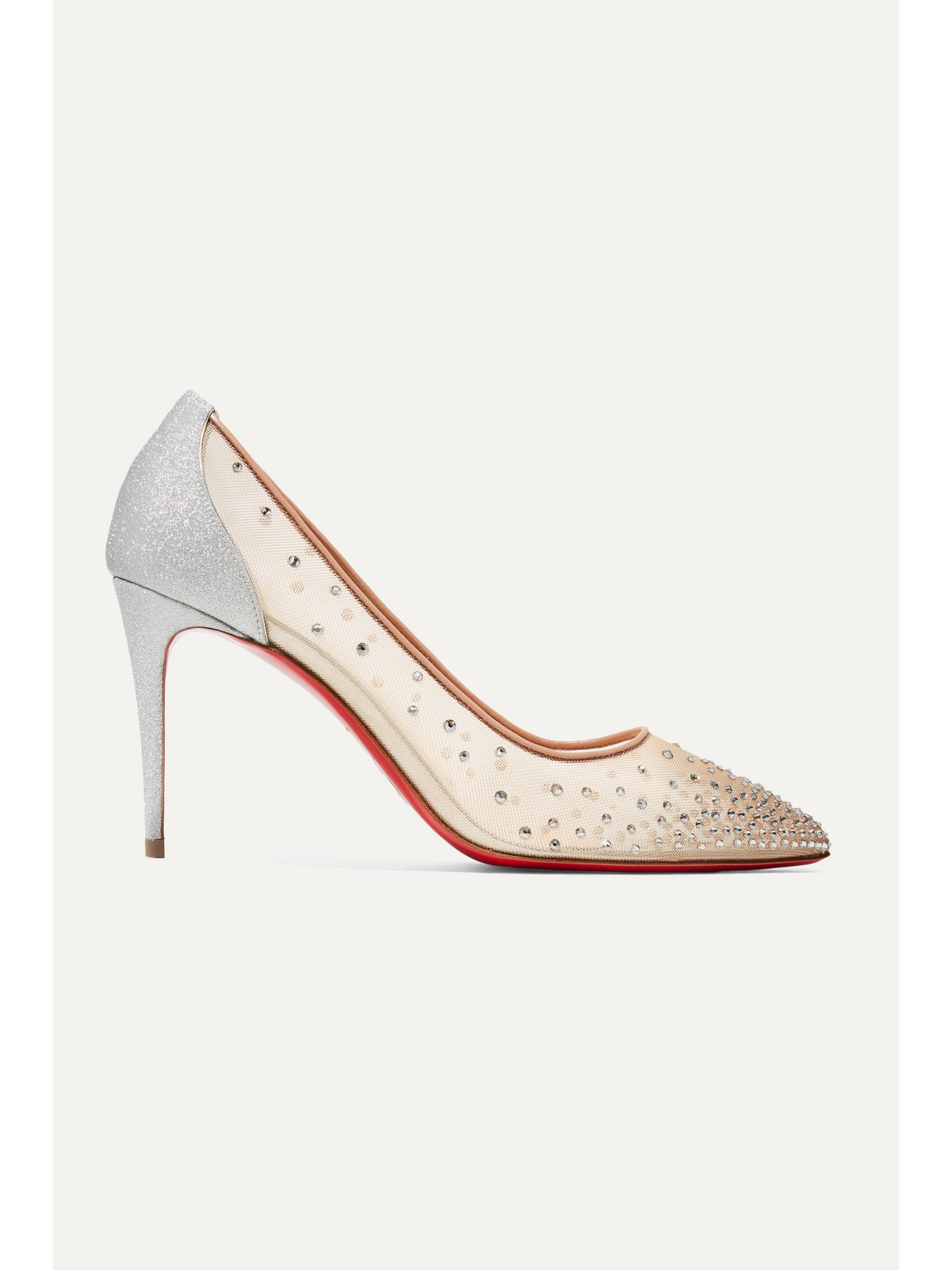 CHRISTIAN LOUBOUTIN FOLLIES 85 CRYSTAL-EMBELLISHED MESH AND GLITTERED-LEATHER PUMPS