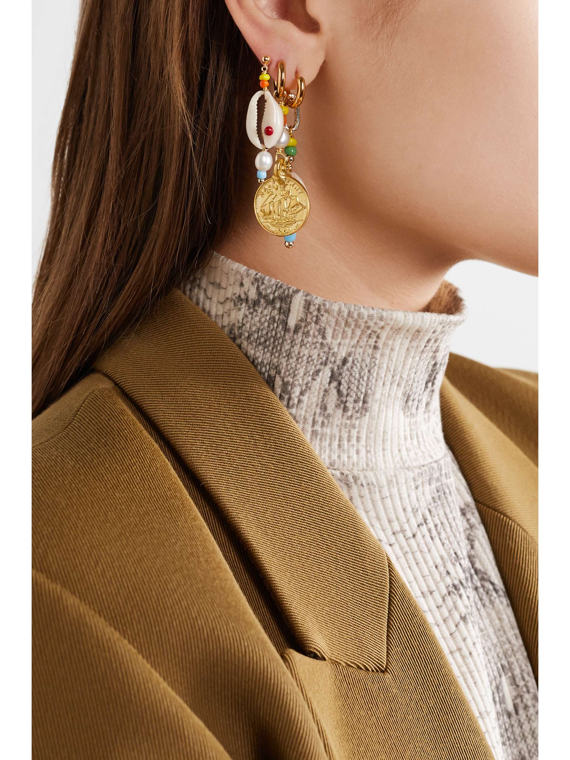ÉLIOU Siena set of three gold-tone bead, pearl and shell earrings