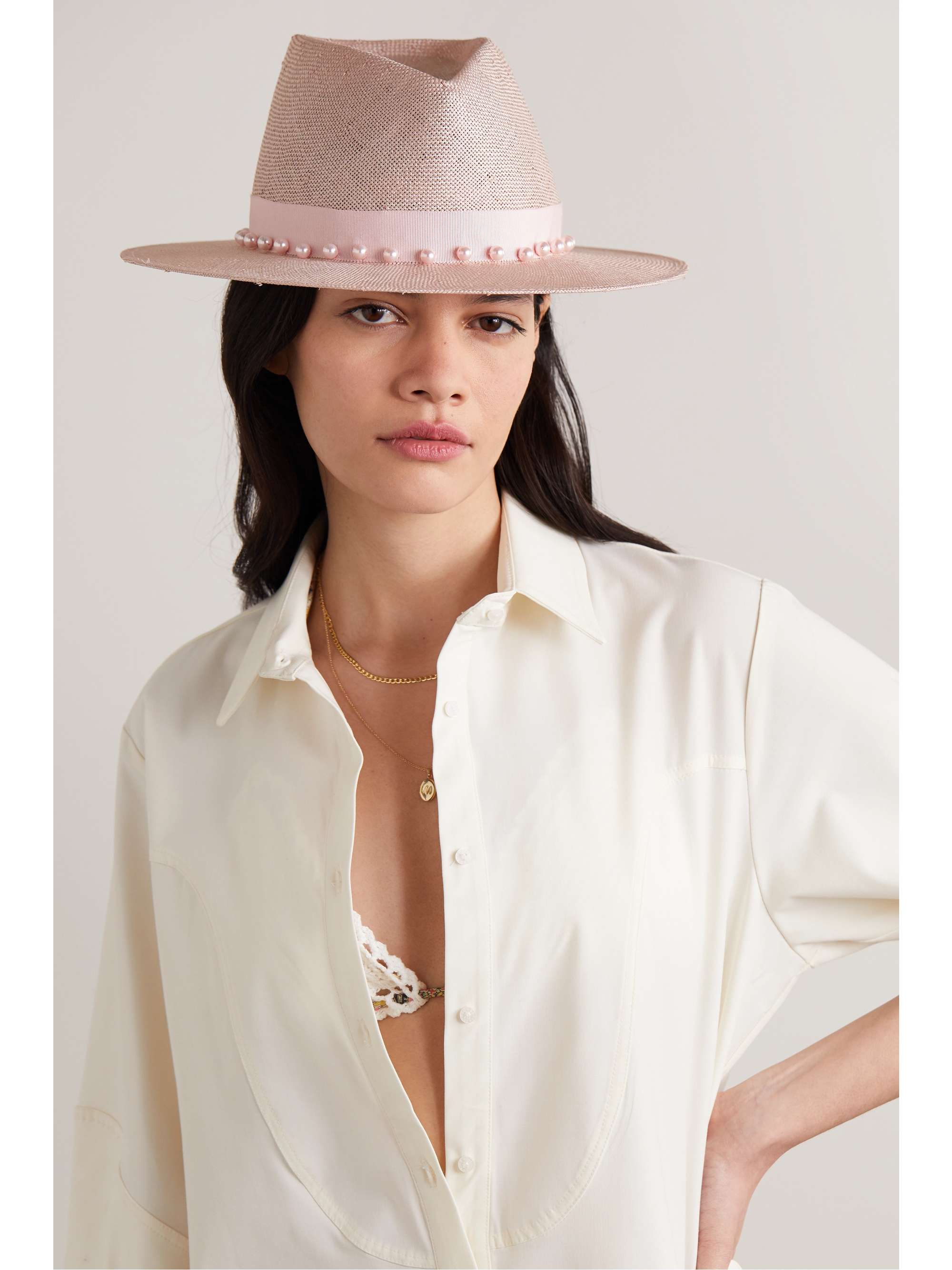 EUGENIA KIM Blaine faux pearl-embellished grosgrain-trimmed sisal fedora
