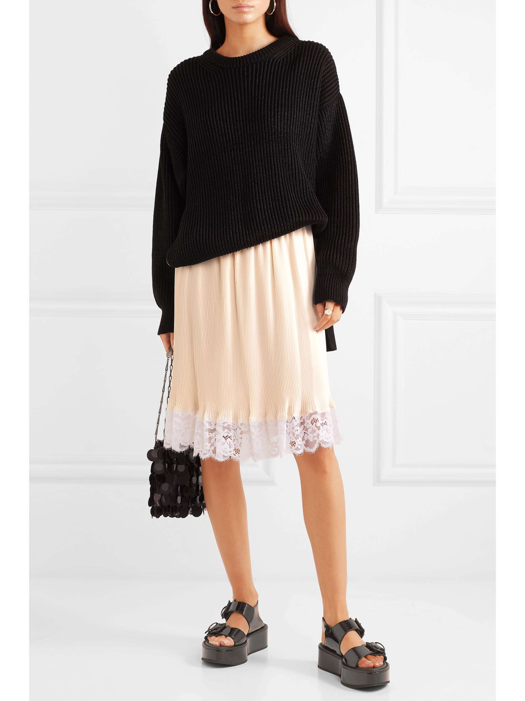 RABANNE Lace-trimmed plissé-crepe skirt