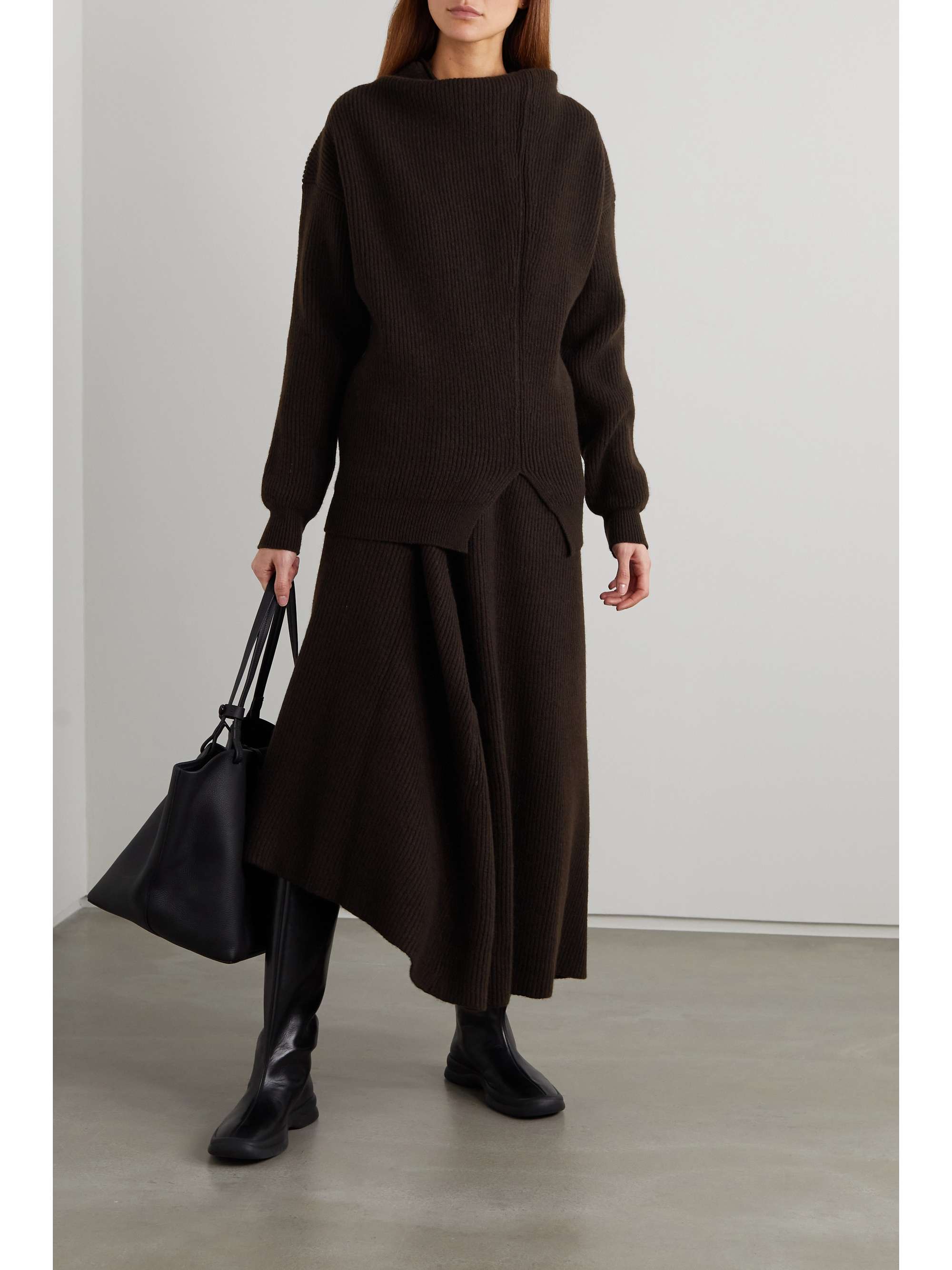 THE ROW Desdemona asymmetric ribbed wool midi skirt