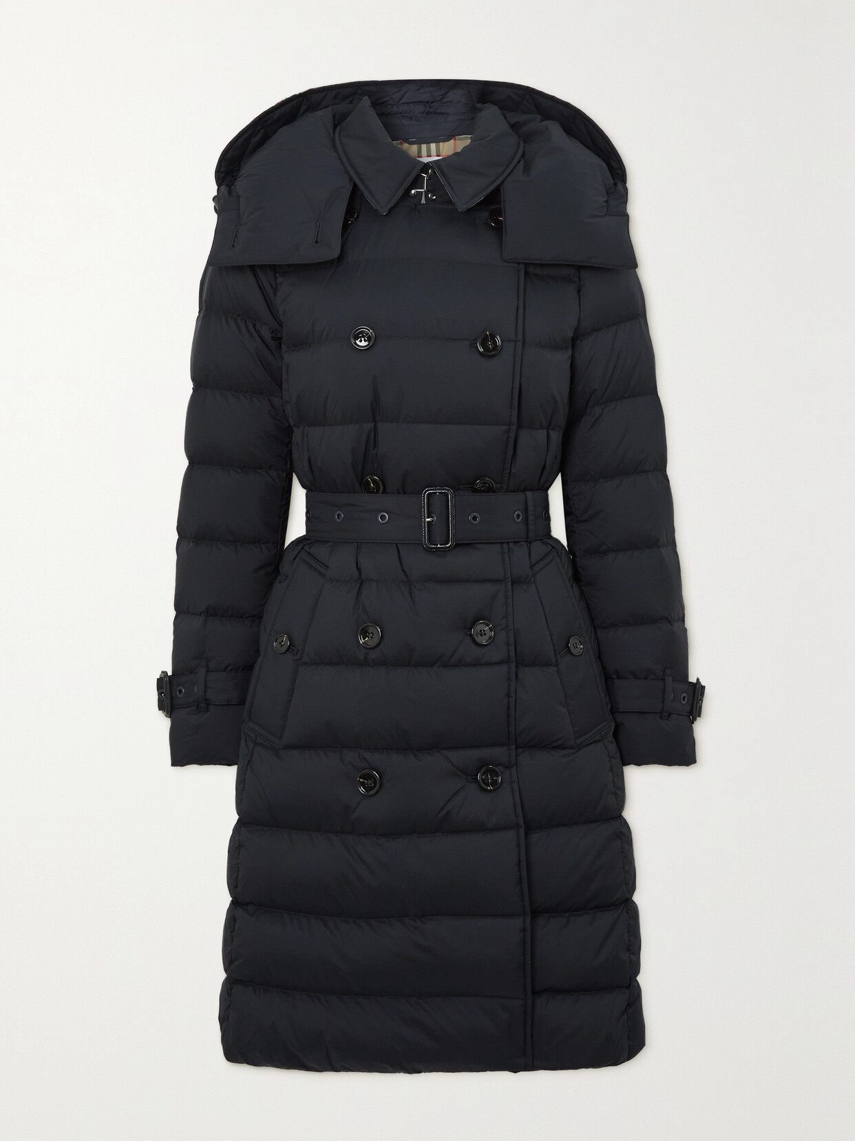 Burberry Hooded Double-breasted Quilted Shell Down Coat - Blue