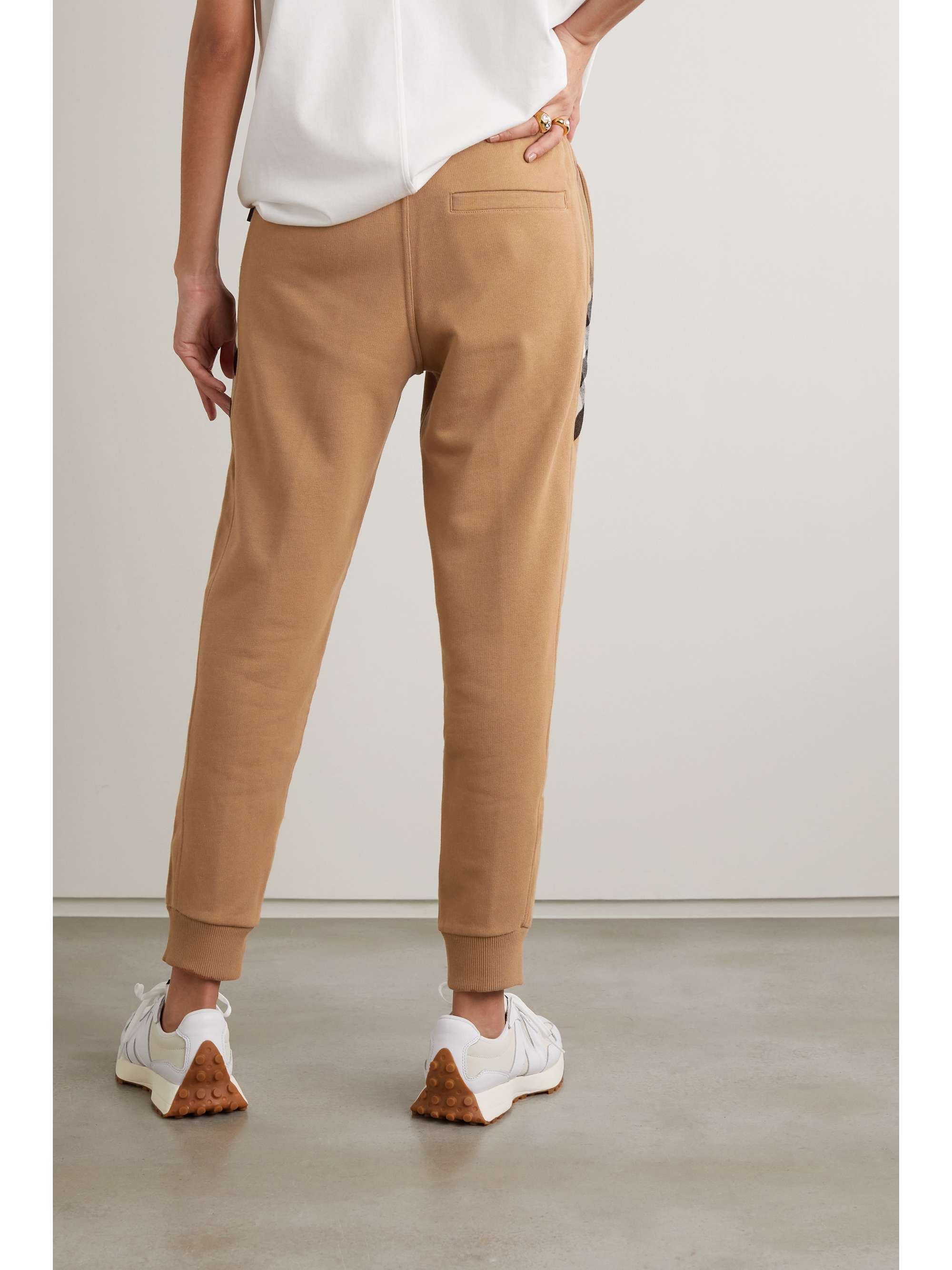 BURBERRY Leather-trimmed paneled checked cotton-jersey track pants