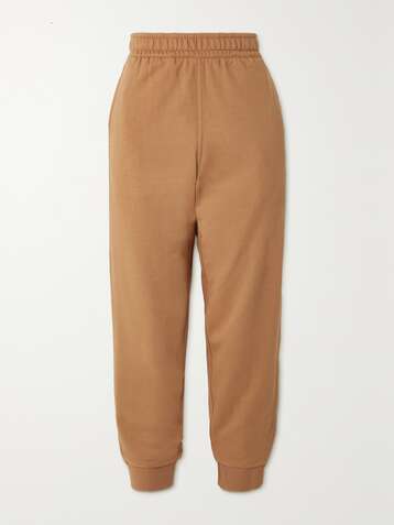 버버리 Burberry Leather-trimmed paneled checked cotton-jersey track pants,Beige