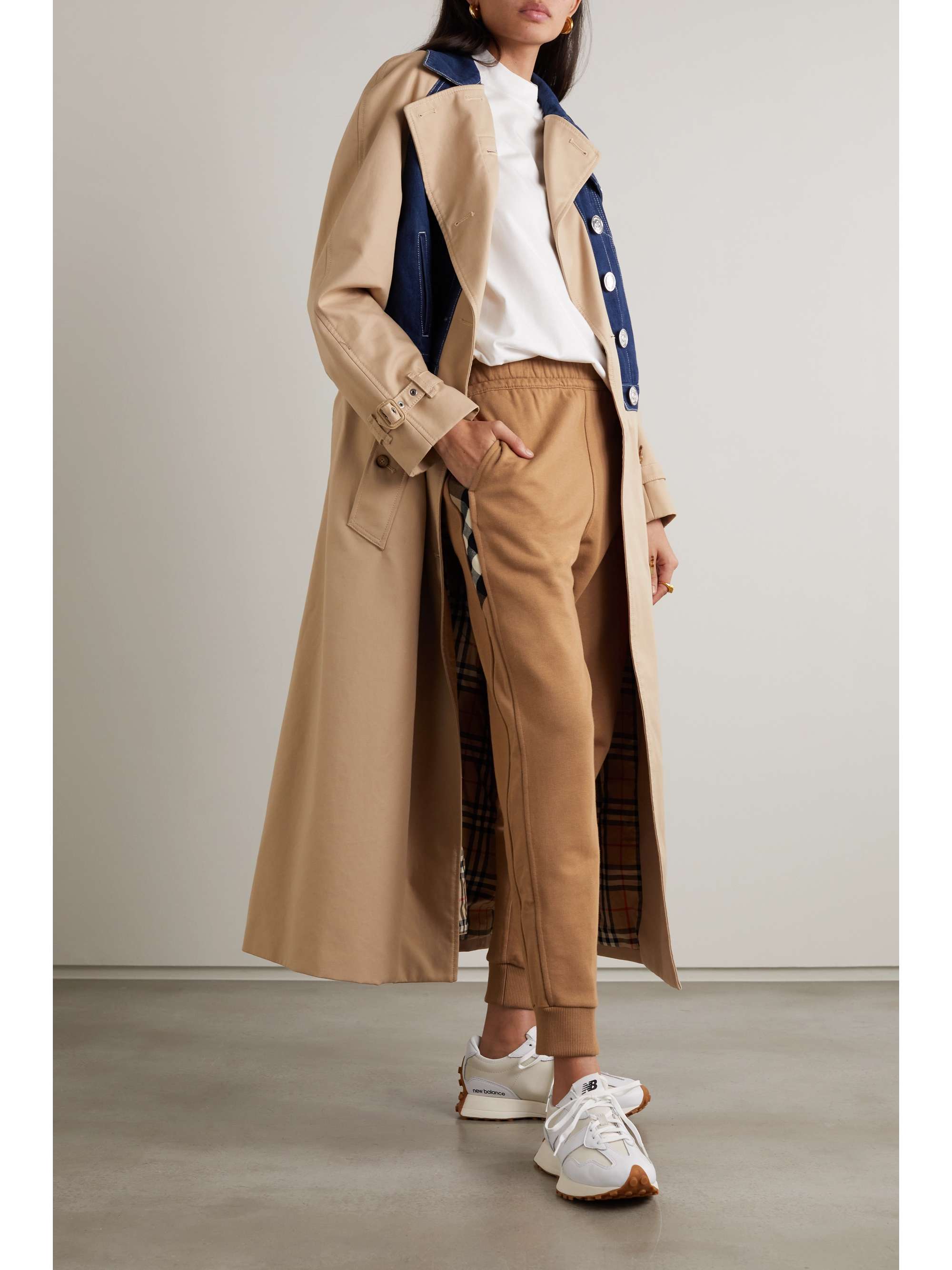 BURBERRY Leather-trimmed paneled checked cotton-jersey track pants
