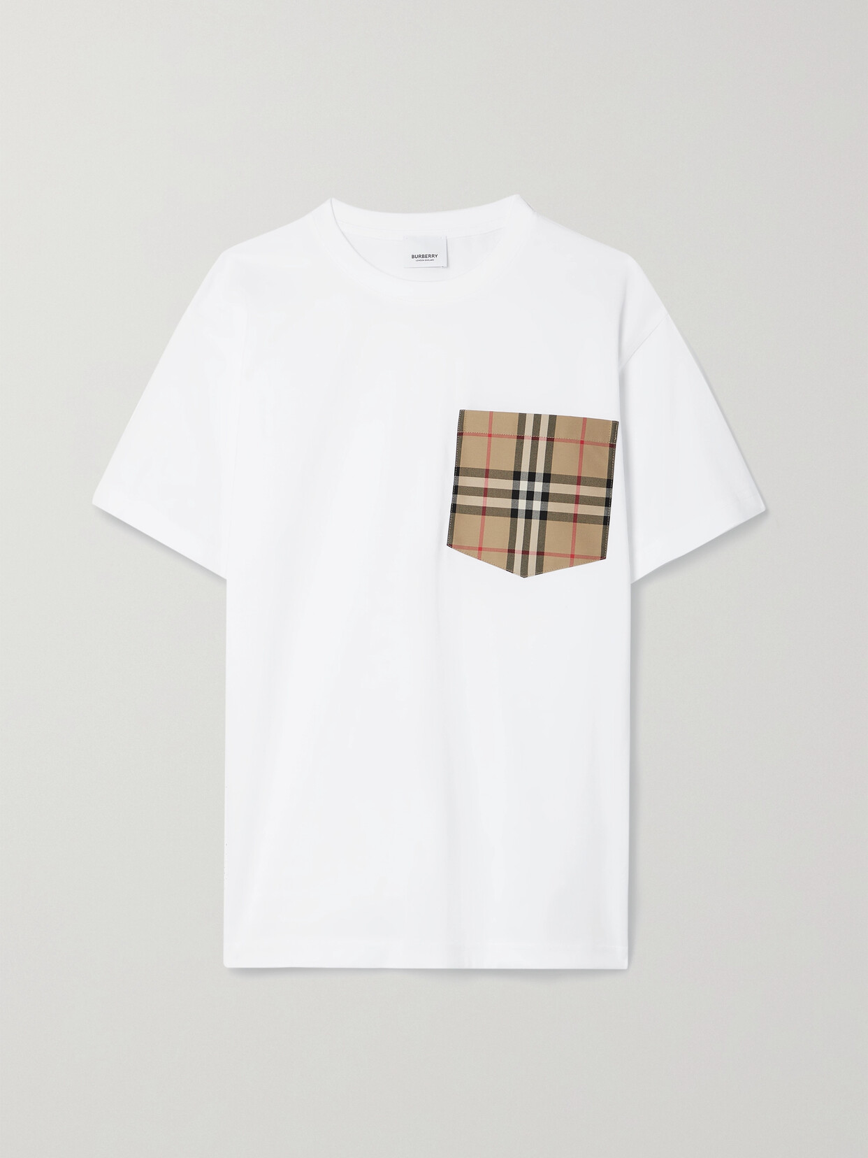 Shop Burberry Checked Twill-trimmed Cotton-jersey T-shirt In White