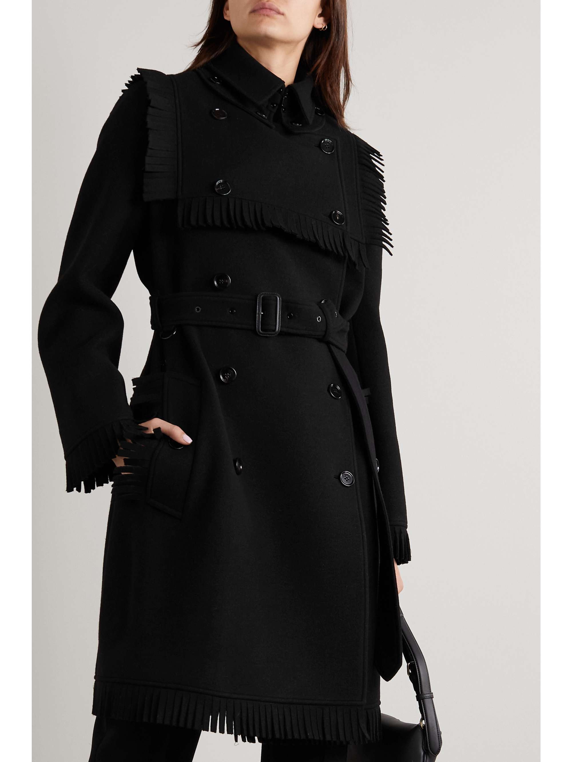 BURBERRY Convertible belted double-breasted fringed cashmere-blend coat