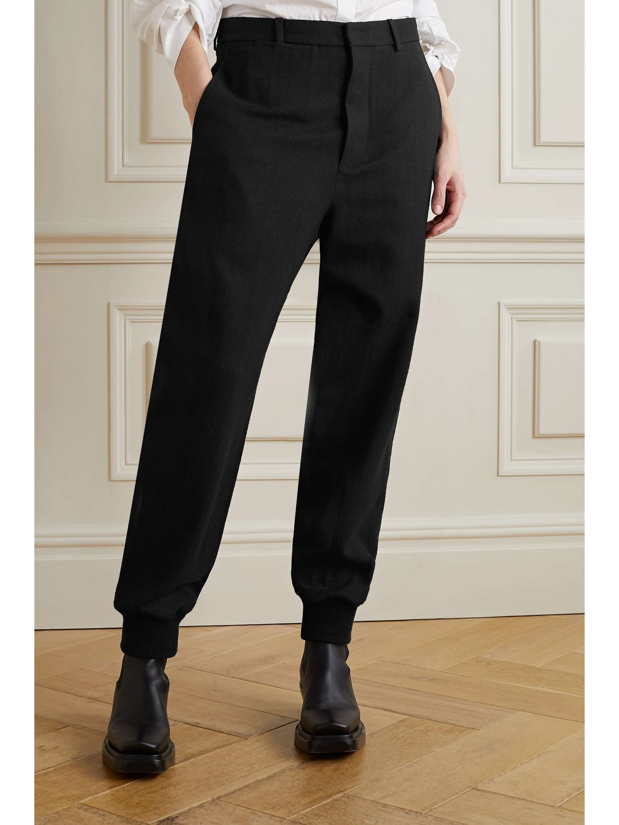 Black Brushed wool-twill tapered pants 