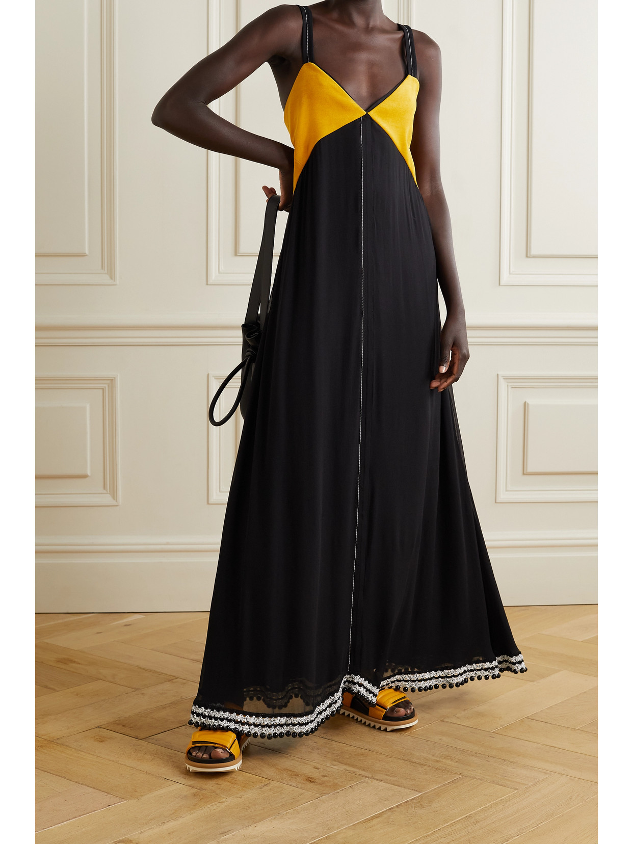 Proenza Schouler Embellished Two-tone Silk-chiffon Paneled Twill Maxi Dress In Black