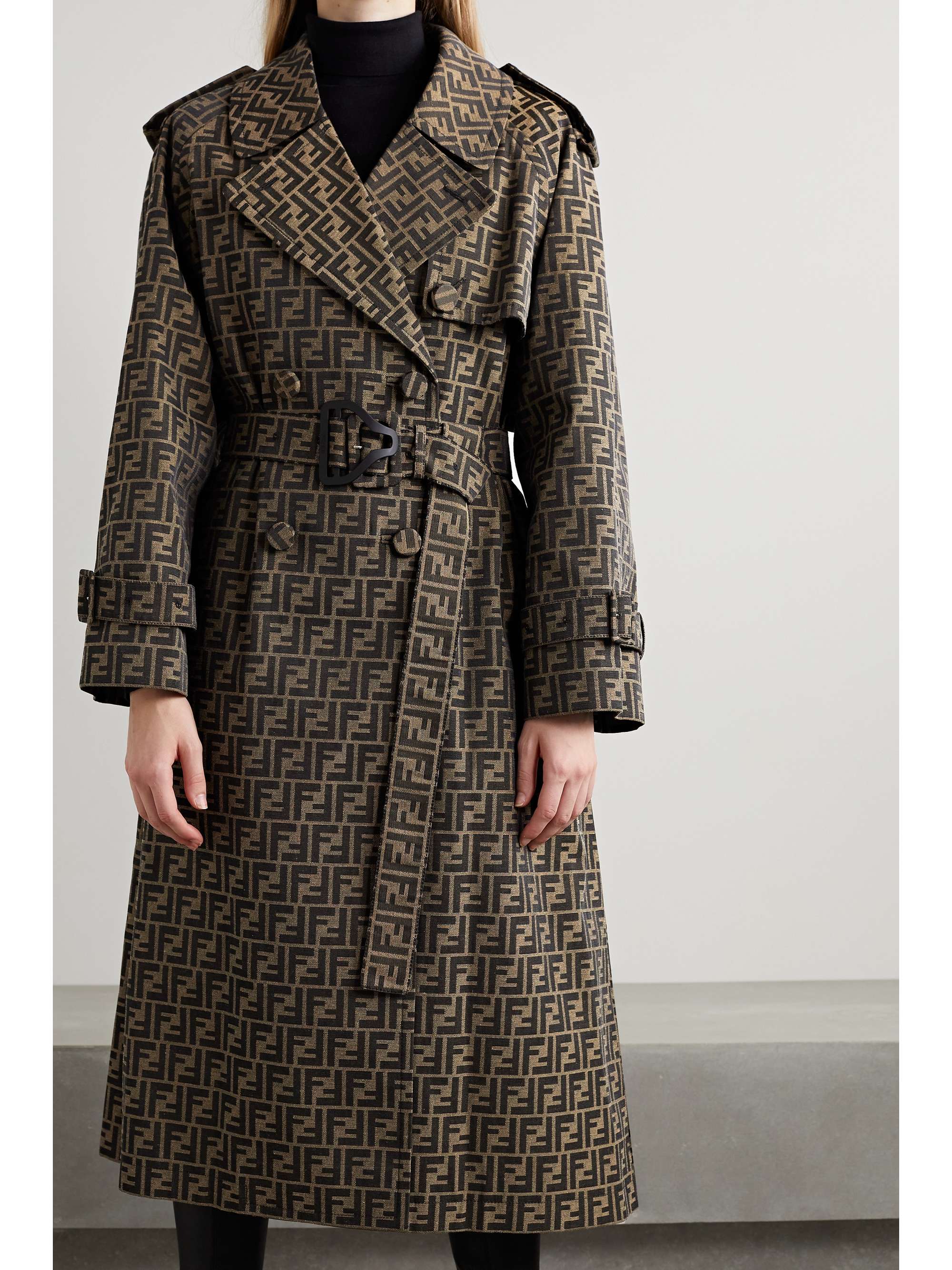 Brown Belted double-breasted canvas-jacquard trench coat | FENDI | NET ...