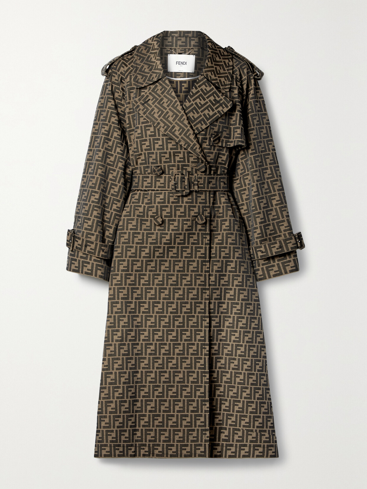 FENDI BELTED DOUBLE-BREASTED CANVAS-JACQUARD TRENCH COAT