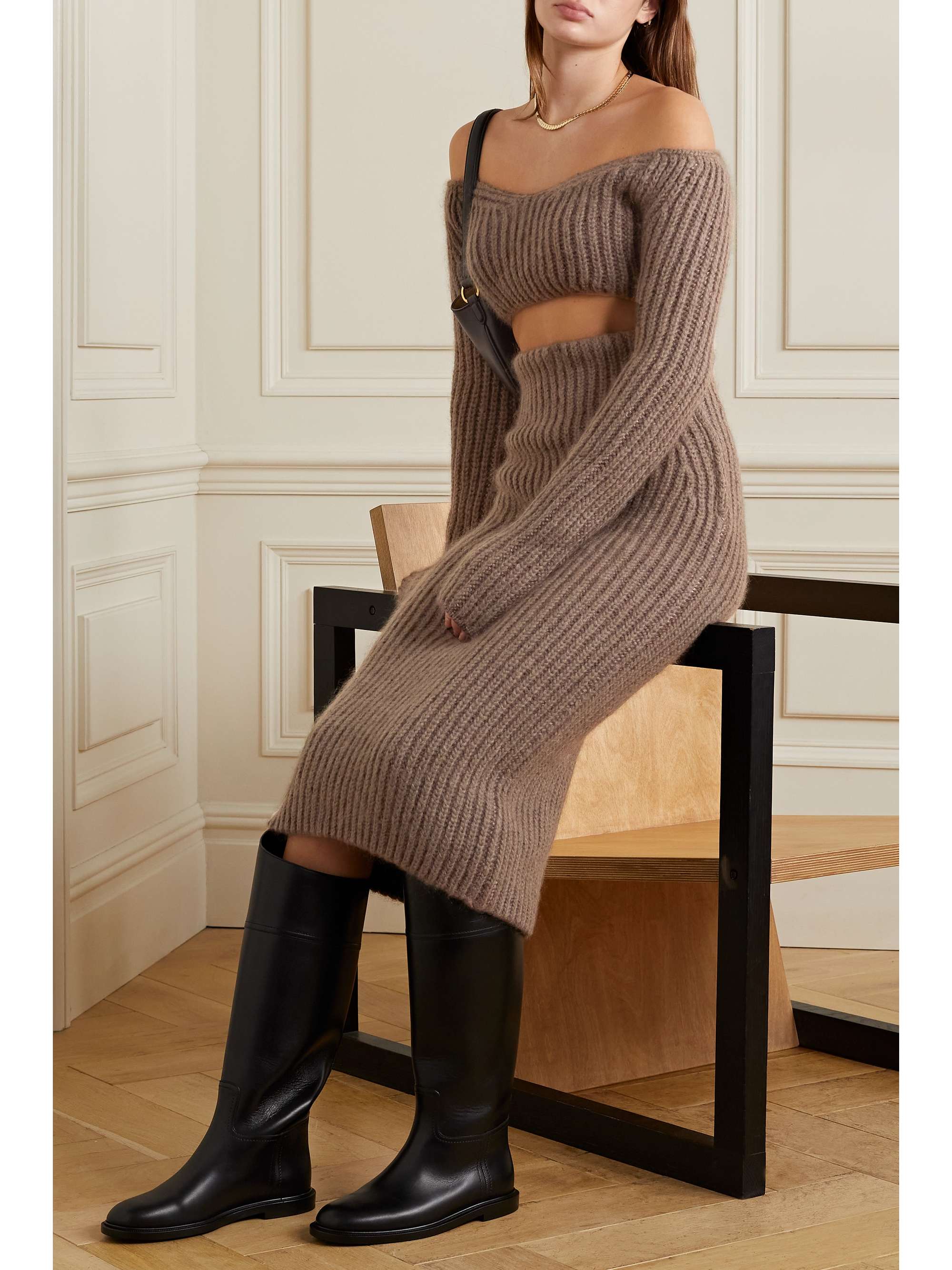FENDI Off-the-shoulder cropped ribbed-knit top