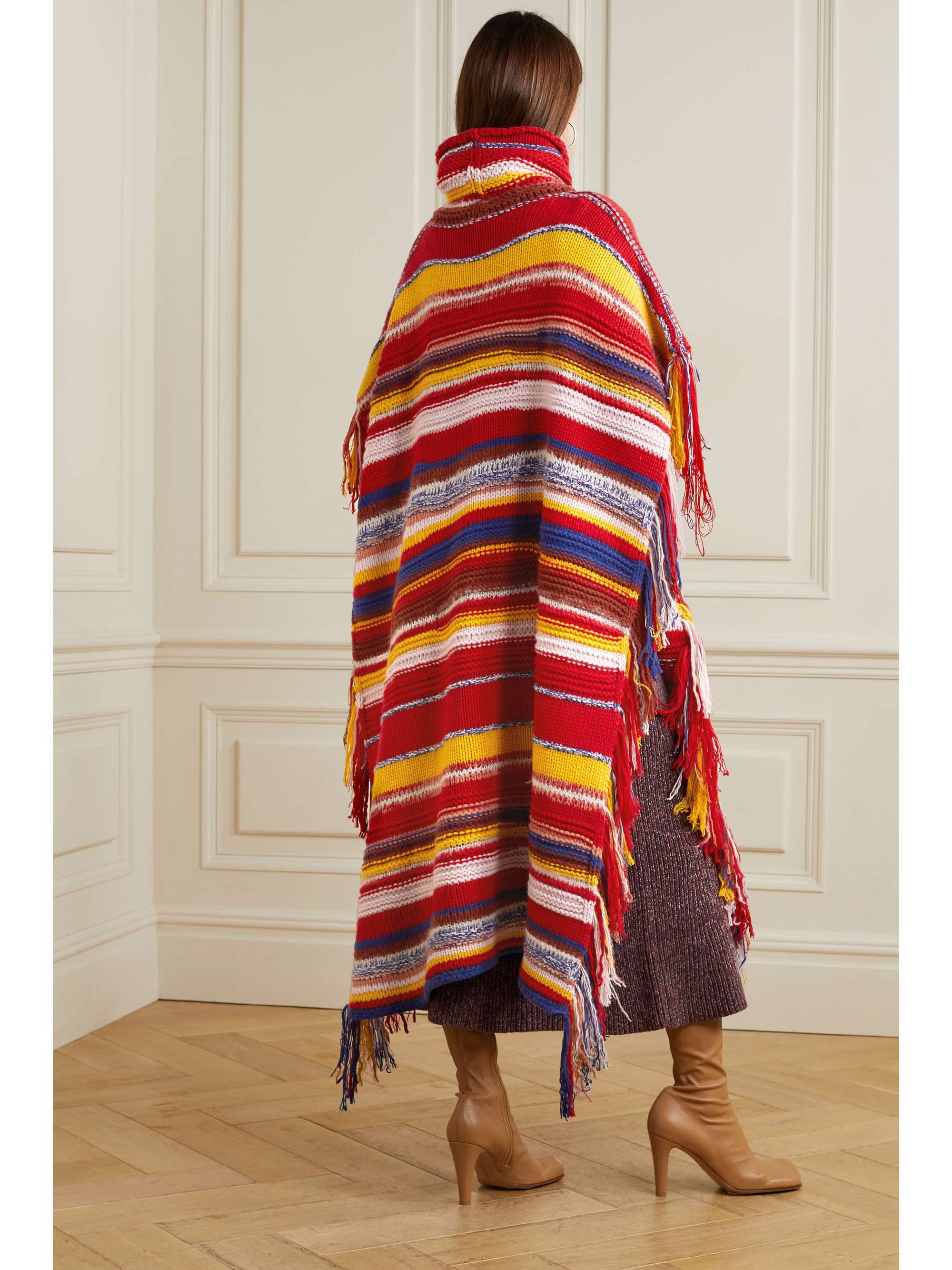 CHLOÉ Fringed striped cashmere-blend turtleneck poncho