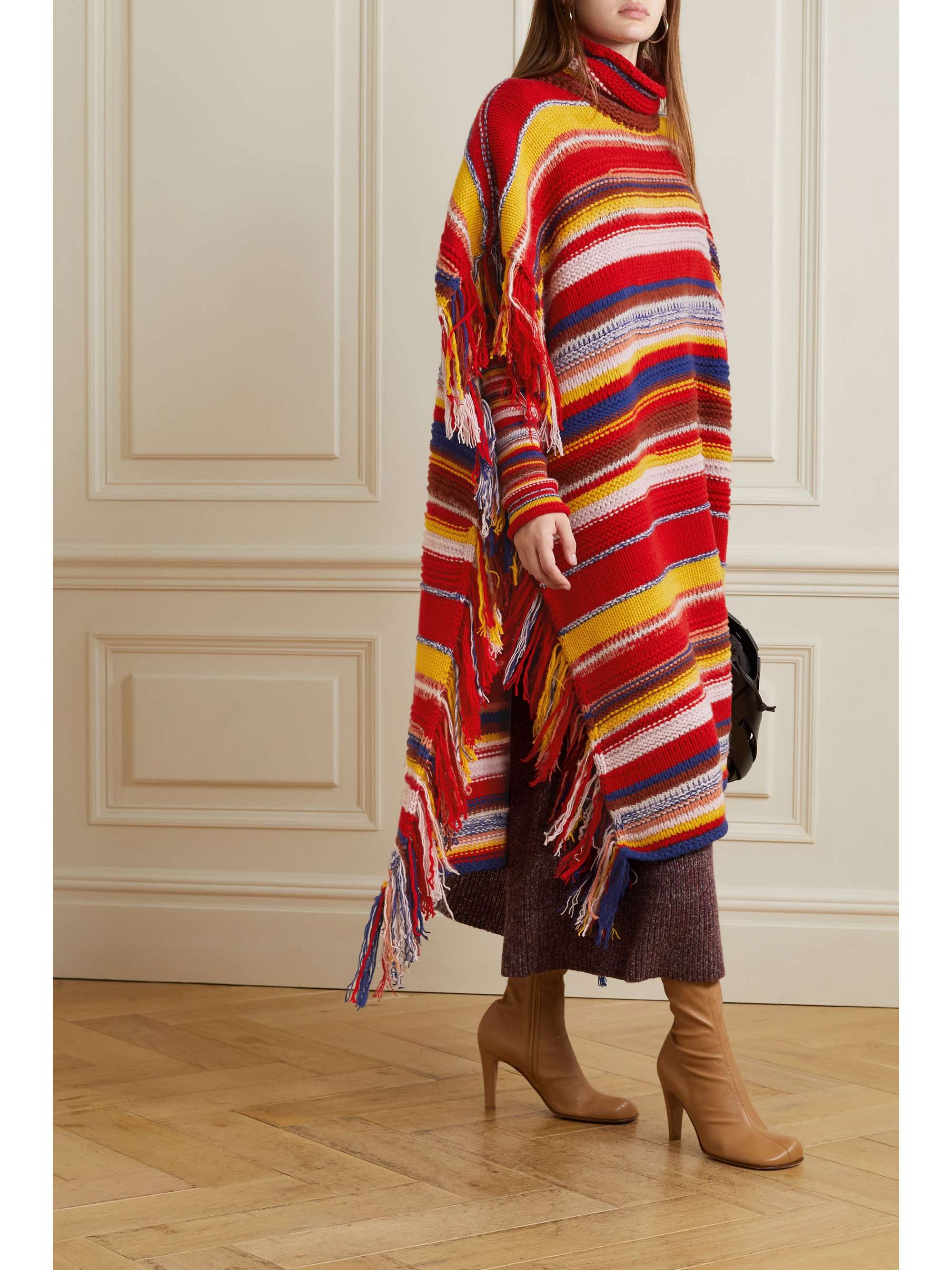 CHLOÉ Fringed striped cashmere-blend turtleneck poncho