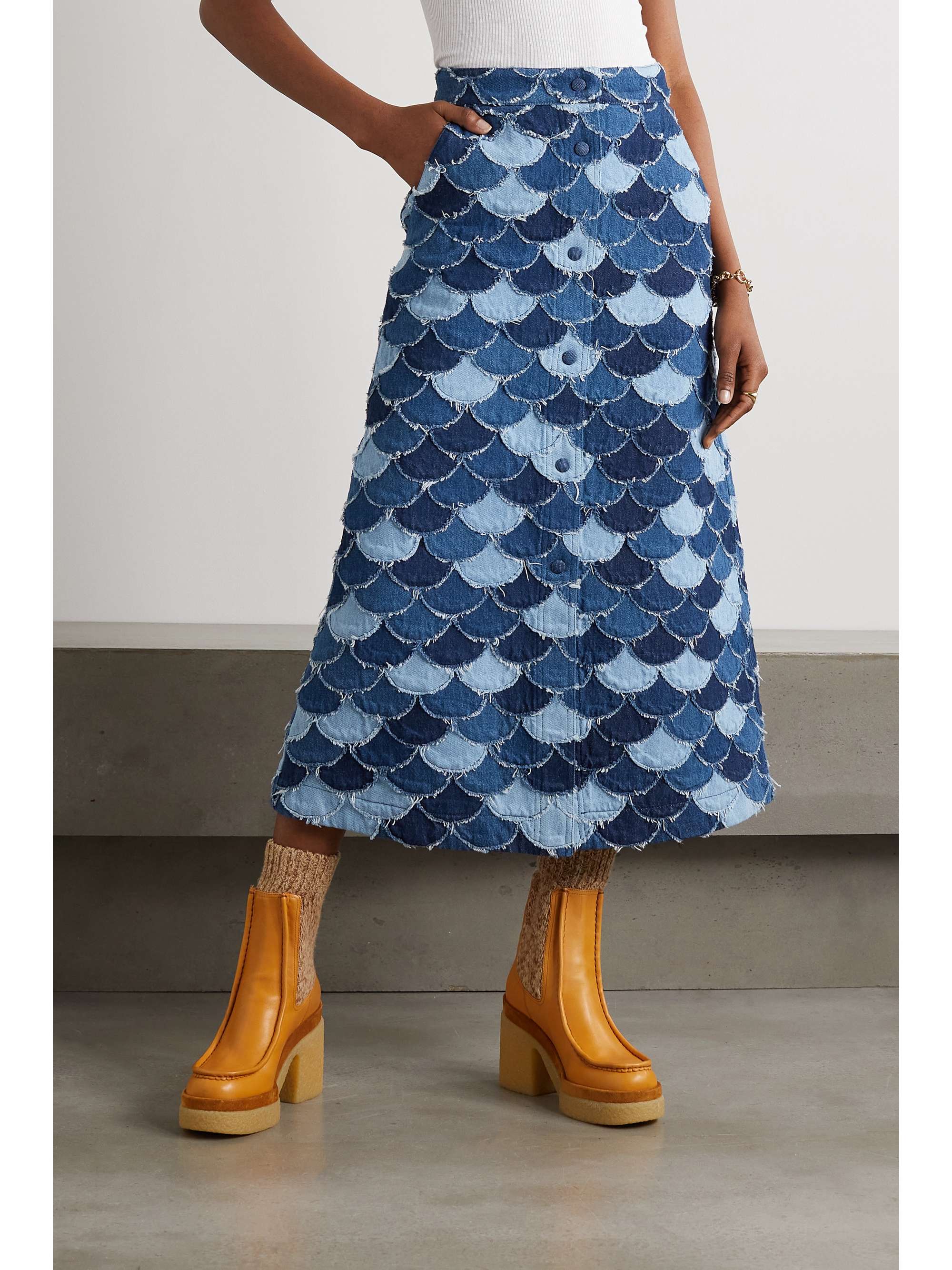 patchwork denim wrap skirt
