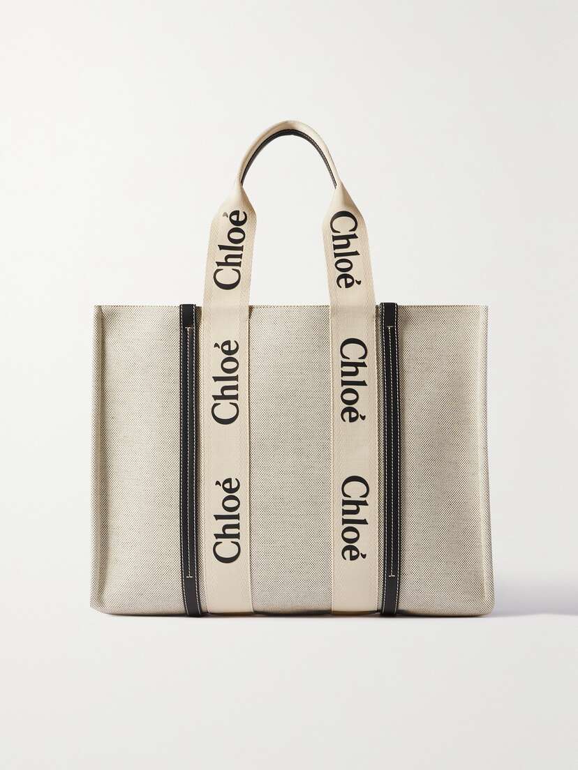 Chloé Woody Large Leather-trimmed Cotton-canvas Tote