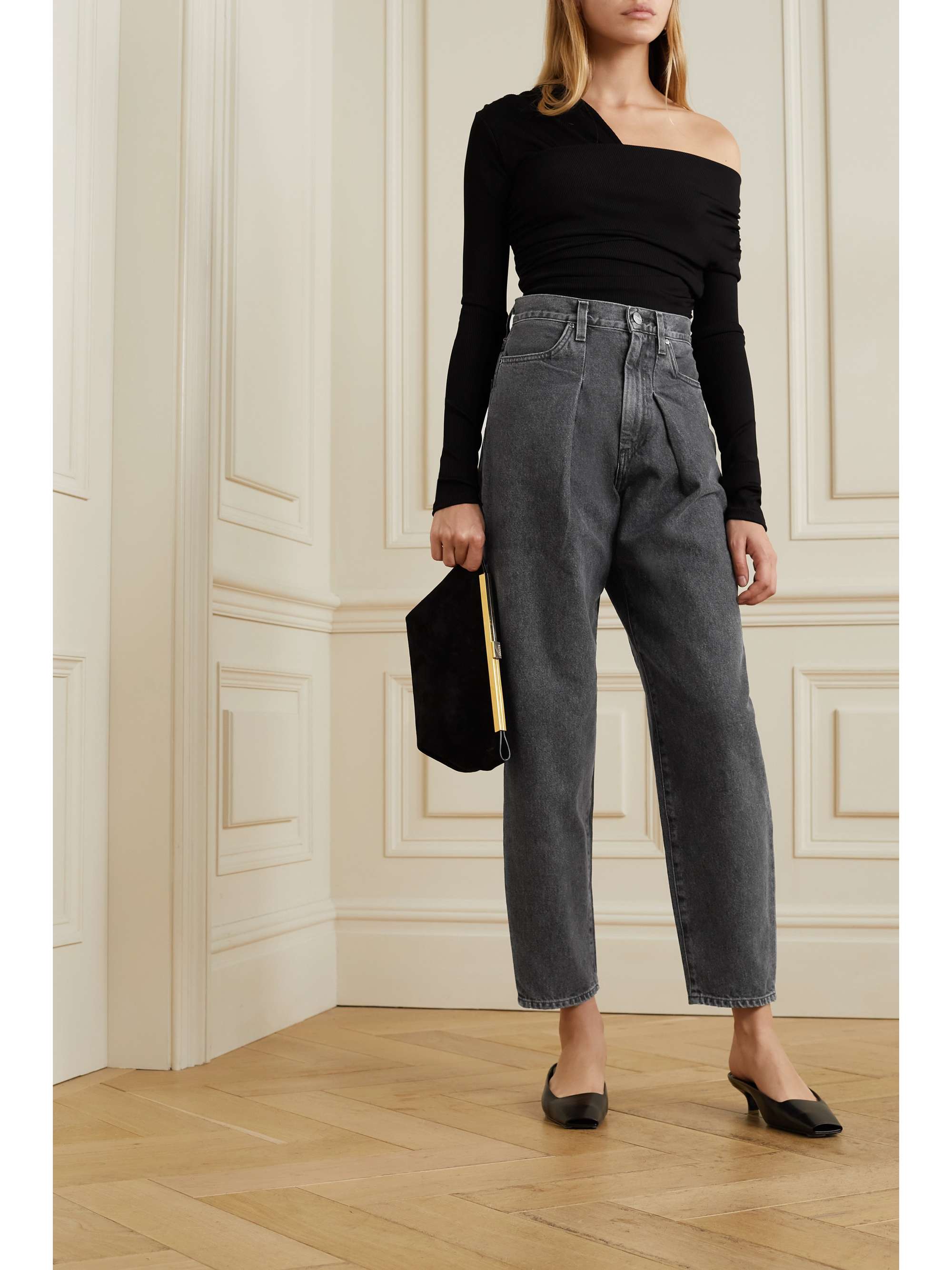 Black The Pleat Curve high-rise tapered jeans | GOLDSIGN | NET-A-PORTER