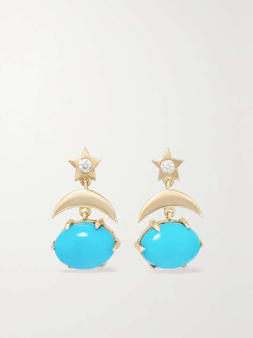 Andrea Fohrman Mini Cosmo 14-karat Gold, Turquoise And Diamond Earrings