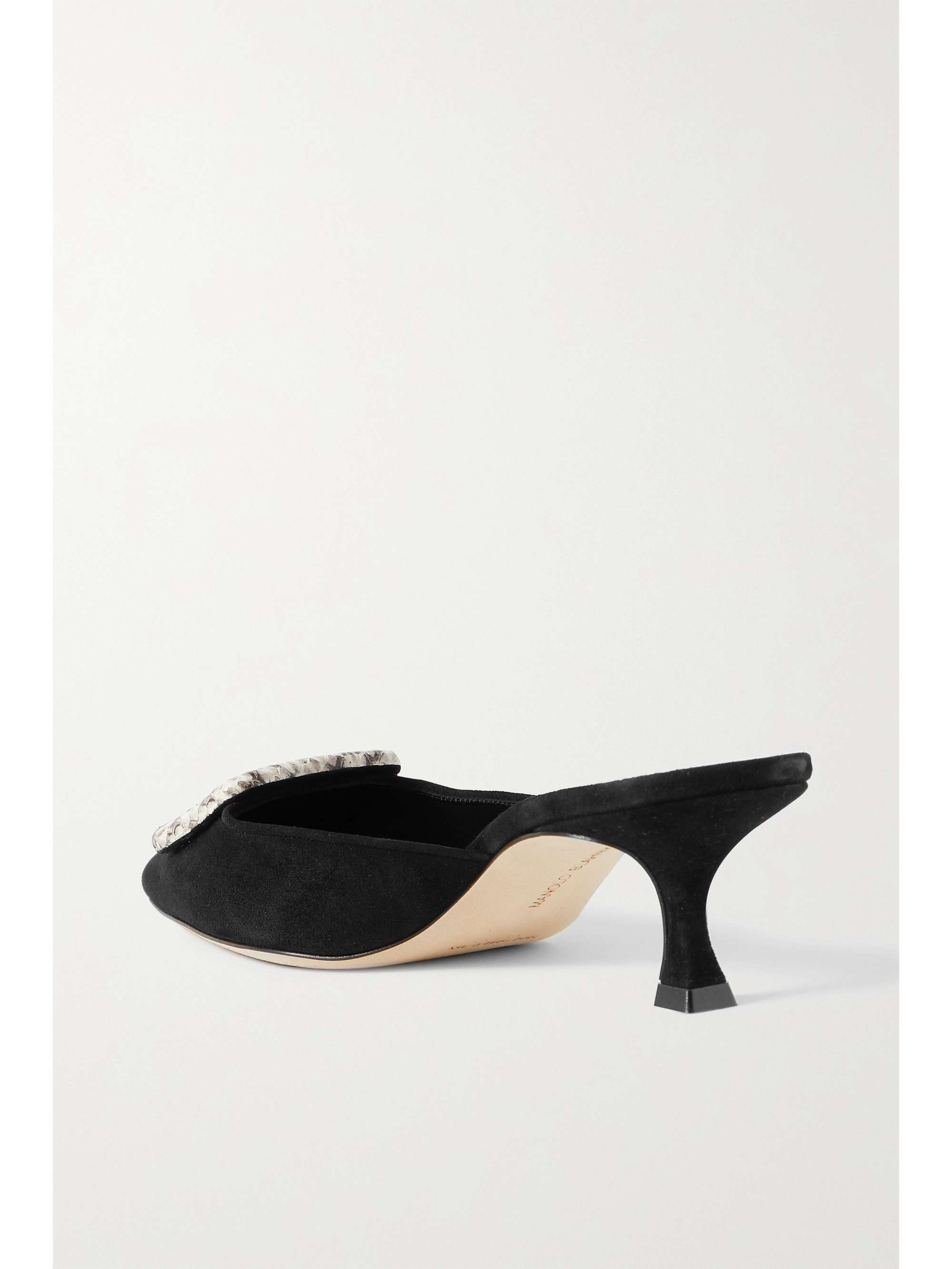 MANOLO BLAHNIK Maysalebi 50 buckled suede-trimmed floral-print cotton mules