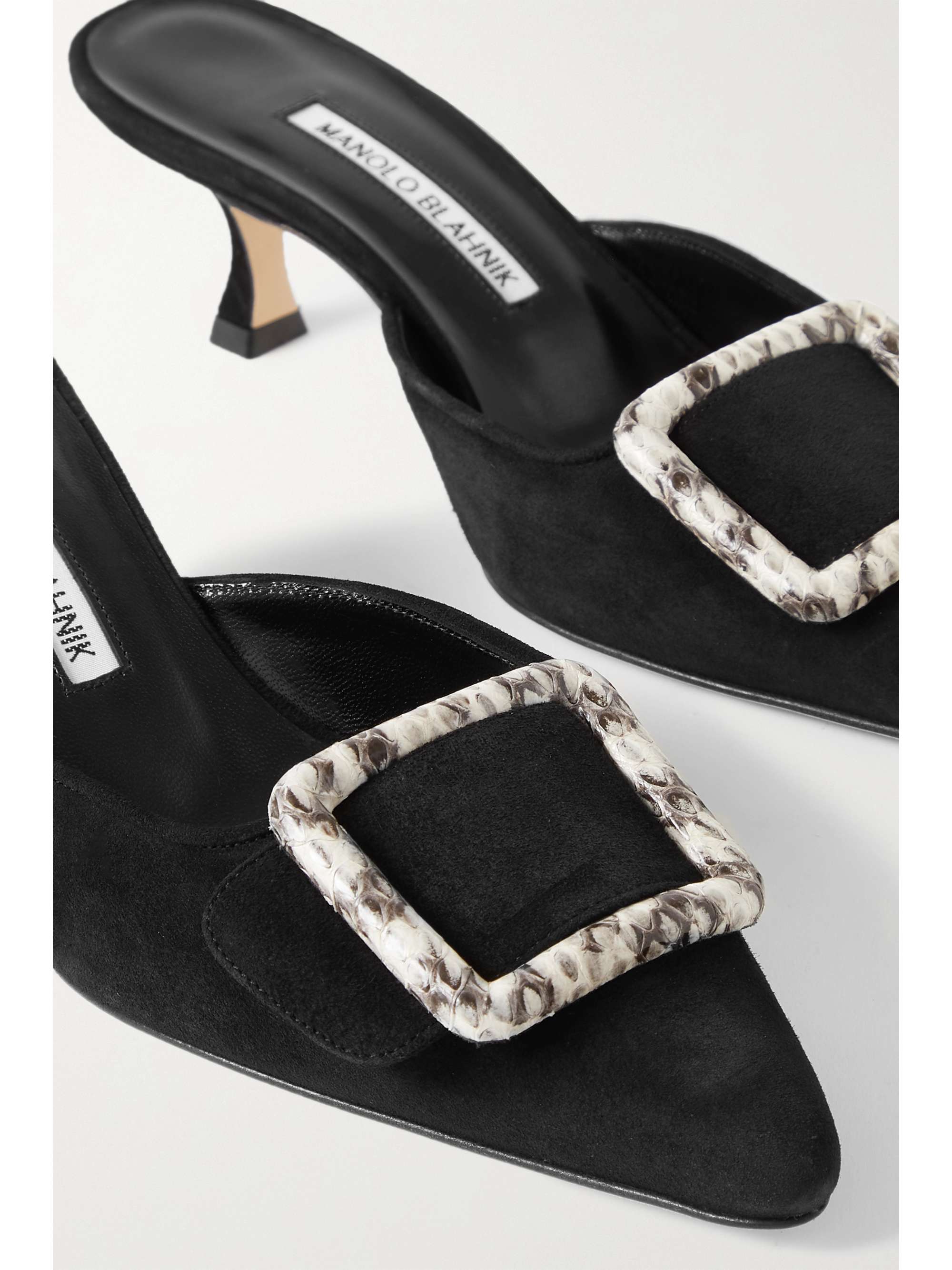 MANOLO BLAHNIK Maysalebi 50 buckled suede-trimmed floral-print cotton mules