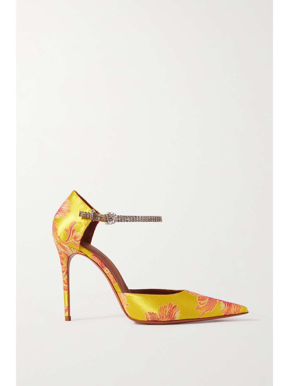 Yellow and pink retro floral-print satin stiletto pumps glistening with crystal-encrusted straps.