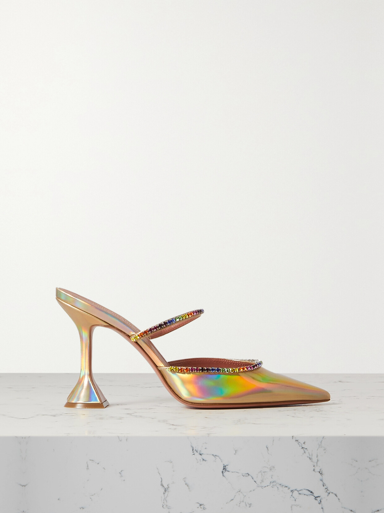 Amina Muaddi Gilda Crystal-embellished Iridescent Leather Mules - Yellow