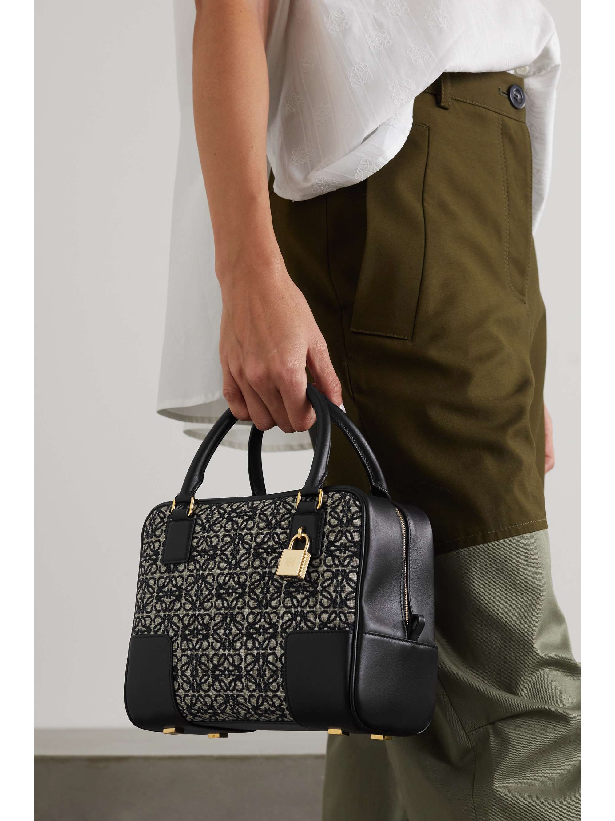 a nano leather-trimmed jacquard tote